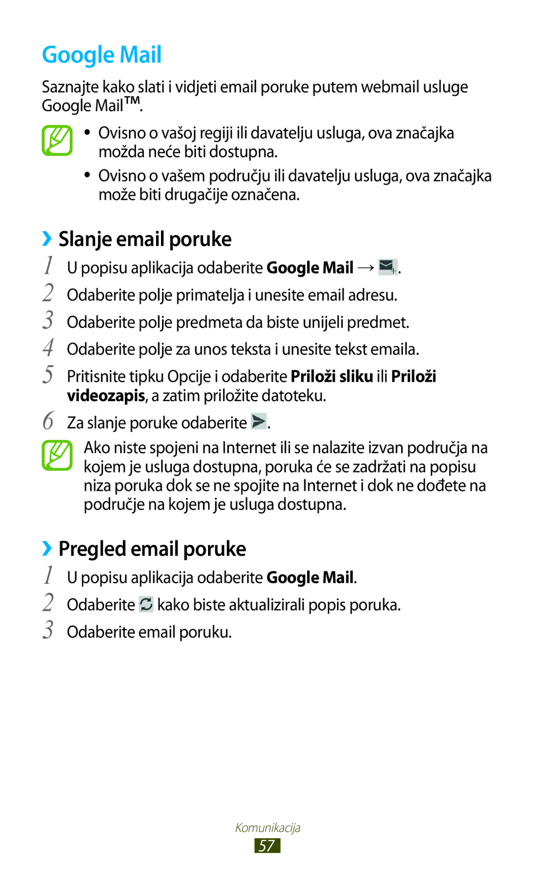 Samsung GT-S7560UWASEE manual ››Slanje email poruke, Pregled email poruke, Popisu aplikacija odaberite Google Mail 