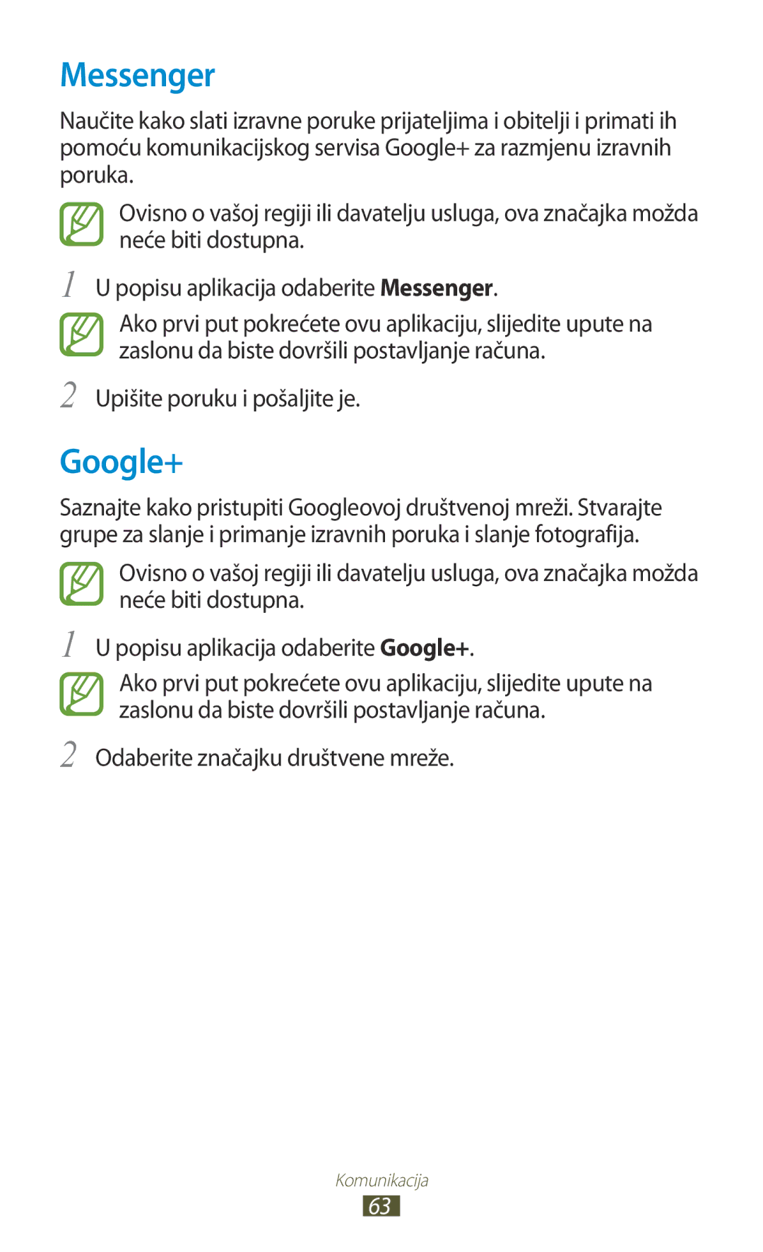 Samsung GT-S7560UWASEE, GT-S7560ZKASEE, GT-S7560ZKATWO manual Messenger, Google+, Odaberite značajku društvene mreže 