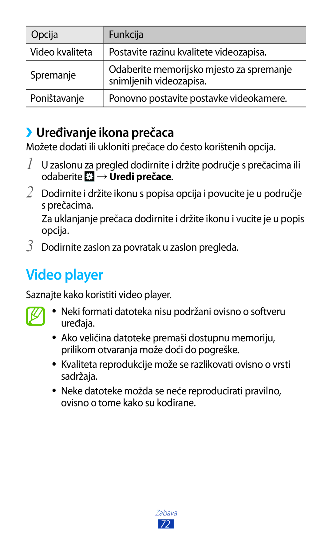 Samsung GT-S7560ZKASEE, GT-S7560ZKATWO manual Video player, ››Uređivanje ikona prečaca, Snimljenih videozapisa, Poništavanje 