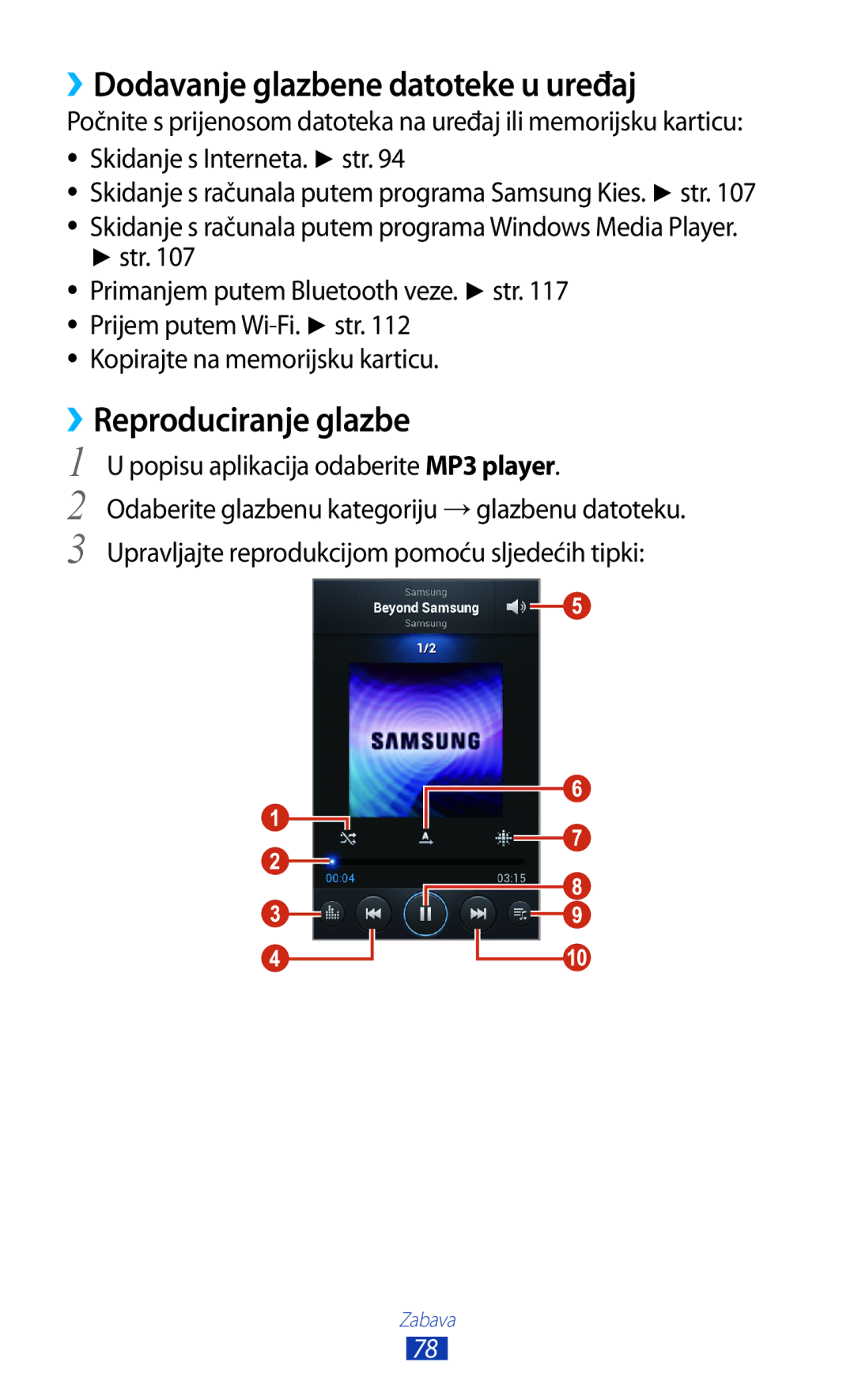 Samsung GT-S7560ZKASEE, GT-S7560ZKATWO, GT-S7560UWATWO manual ››Dodavanje glazbene datoteke u uređaj, ››Reproduciranje glazbe 