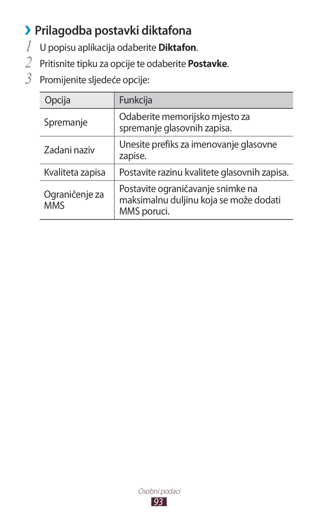 Samsung GT-S7560UWASEE manual ››Prilagodba postavki diktafona, Zapise, Ograničenje za Postavite ograničavanje snimke na 