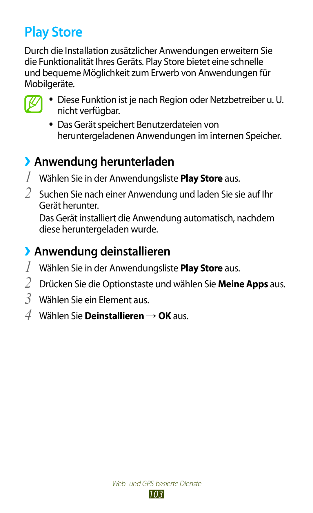 Samsung GT-S7560UWAVDR, GT-S7560ZKAVDR, GT-S7560ZKAPRT, GT-S7560UWAWIN manual Play Store, ››Anwendung herunterladen, 103 