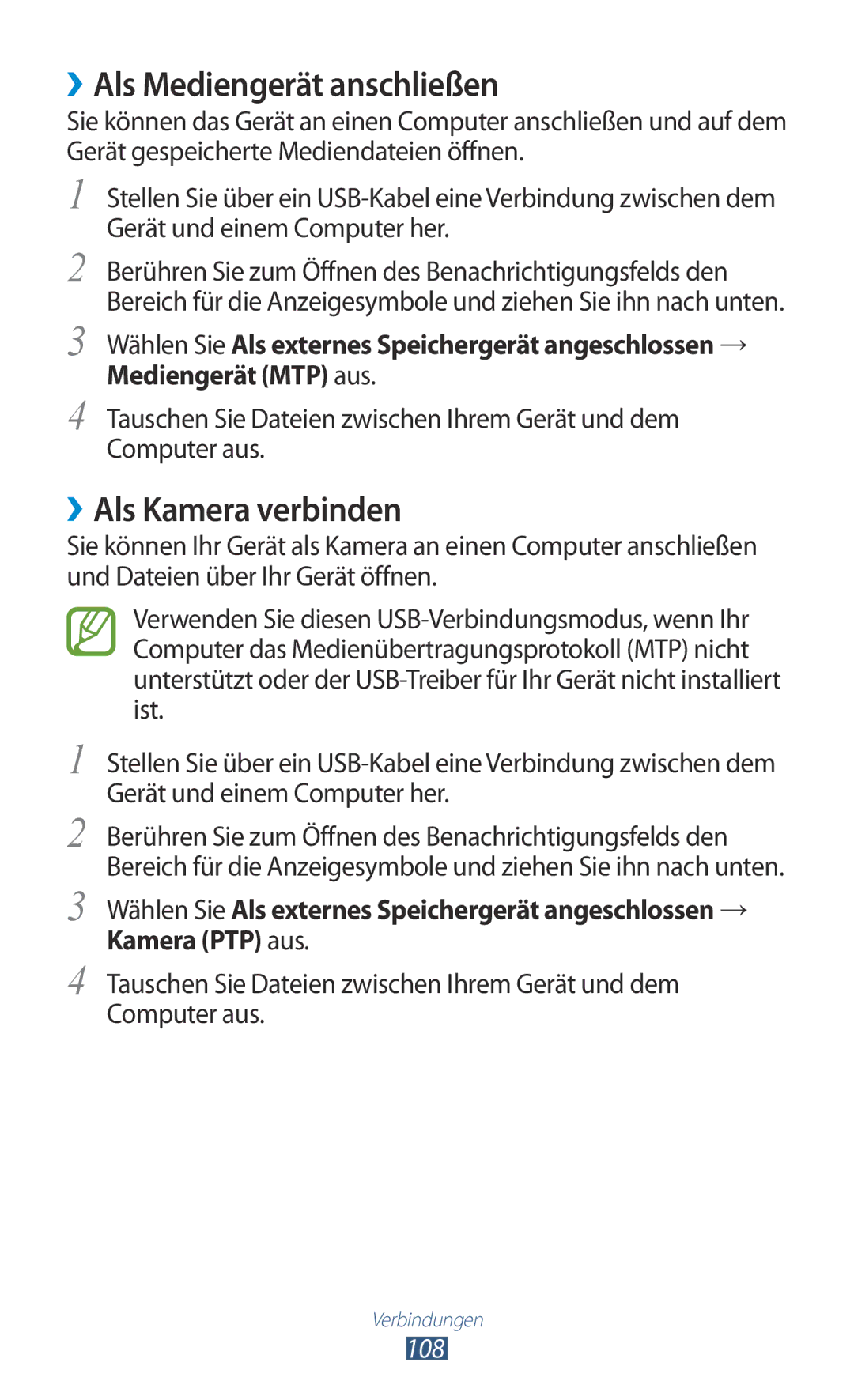 Samsung GT-S7560ZKATPL, GT-S7560ZKAVDR, GT-S7560ZKAPRT manual ››Als Mediengerät anschließen, ››Als Kamera verbinden, 108 