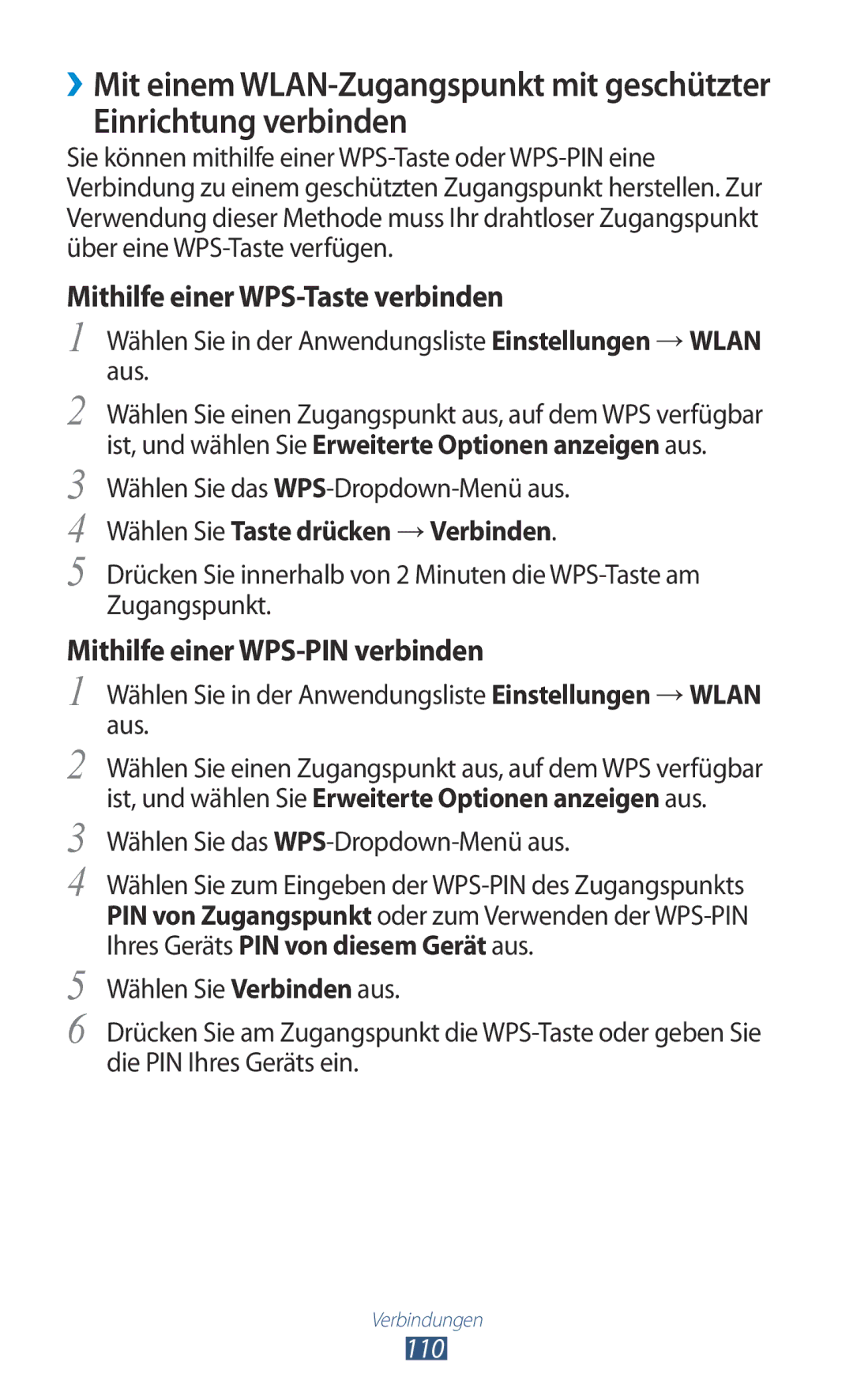 Samsung GT-S7560UWAPLS manual Einrichtung verbinden, Wählen Sie in der Anwendungsliste Einstellungen → Wlan aus, 110 