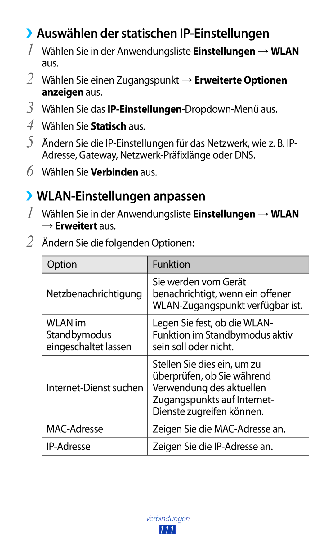 Samsung GT-S7560UWADBT, GT-S7560ZKAVDR ››Auswählen der statischen IP-Einstellungen, ››WLAN-Einstellungen anpassen, 111 