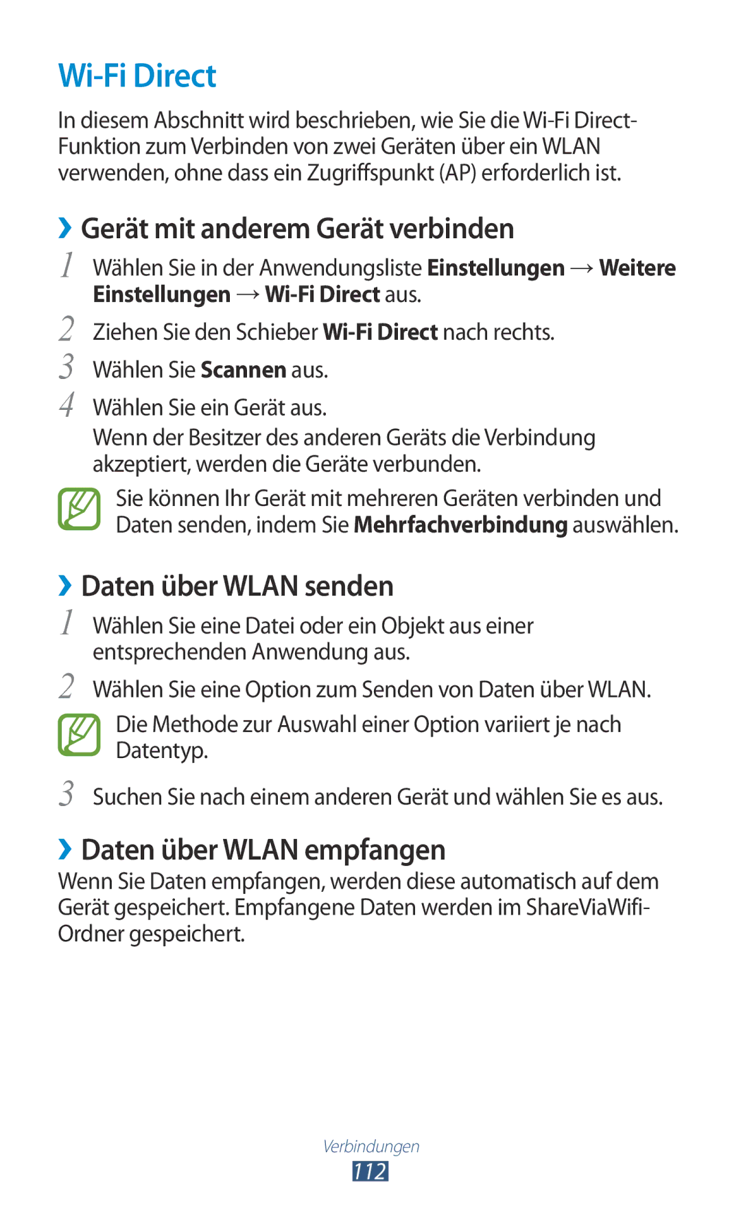 Samsung GT-S7560UWATCL, GT-S7560ZKAVDR Wi-Fi Direct, ››Gerät mit anderem Gerät verbinden, ››Daten über Wlan senden, 112 