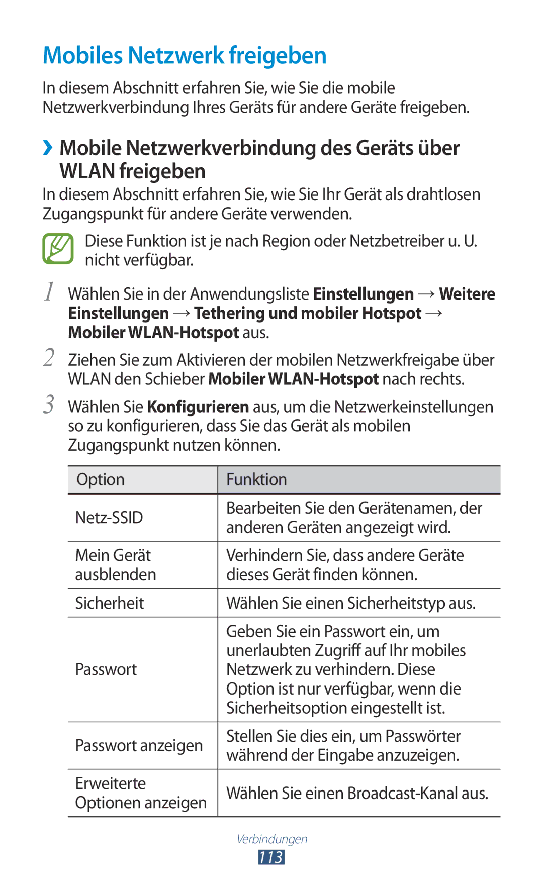 Samsung GT-S7560UWATPL manual Mobiles Netzwerk freigeben, ››Mobile Netzwerkverbindung des Geräts über Wlan freigeben, 113 