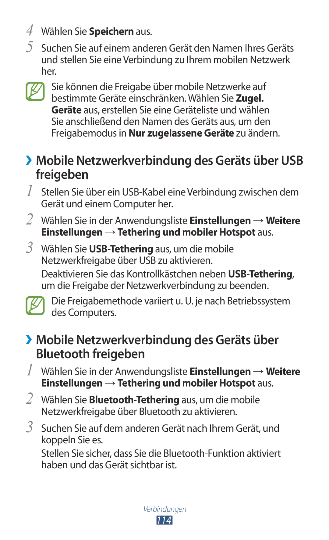 Samsung GT-S7560ZKAWIN, GT-S7560ZKAVDR, GT-S7560ZKAPRT manual ››Mobile Netzwerkverbindung des Geräts über USB freigeben, 114 