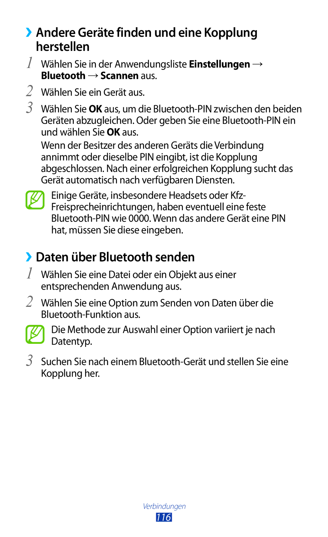 Samsung GT-S7560ZKAPLS manual ››Andere Geräte finden und eine Kopplung herstellen, ››Daten über Bluetooth senden, 116 