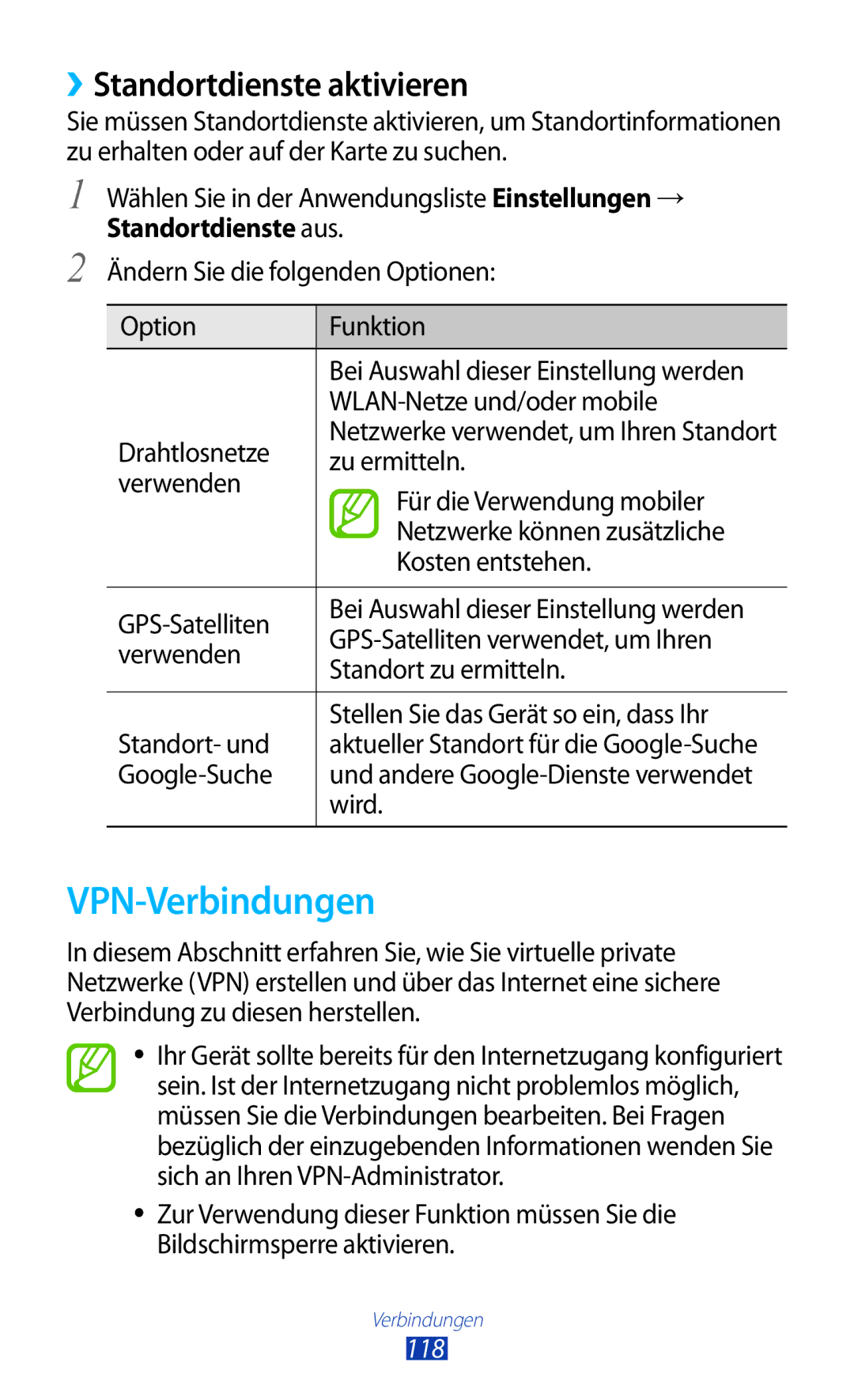 Samsung GT-S7560ZKAXEF, GT-S7560ZKAVDR, GT-S7560ZKAPRT, GT-S7560UWAWIN VPN-Verbindungen, ››Standortdienste aktivieren, 118 