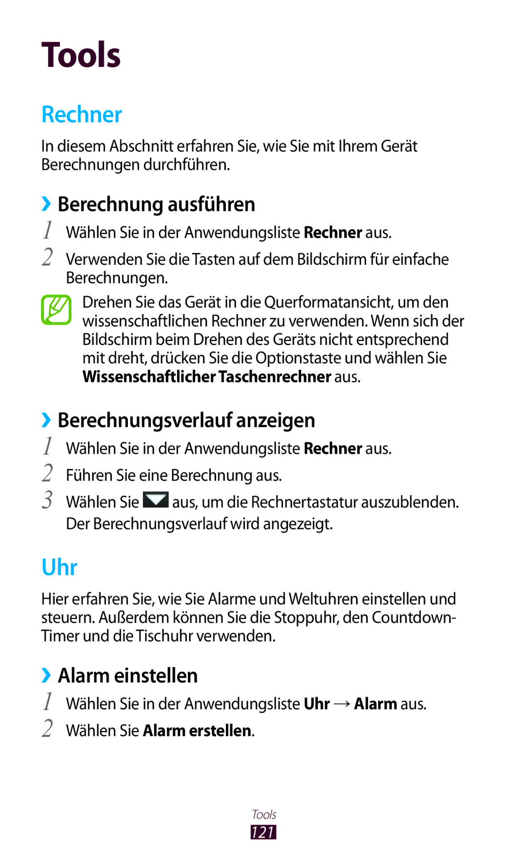 Samsung GT-S7560ZKAPRT manual Rechner, Uhr, ››Berechnung ausführen, ››Berechnungsverlauf anzeigen, ››Alarm einstellen 