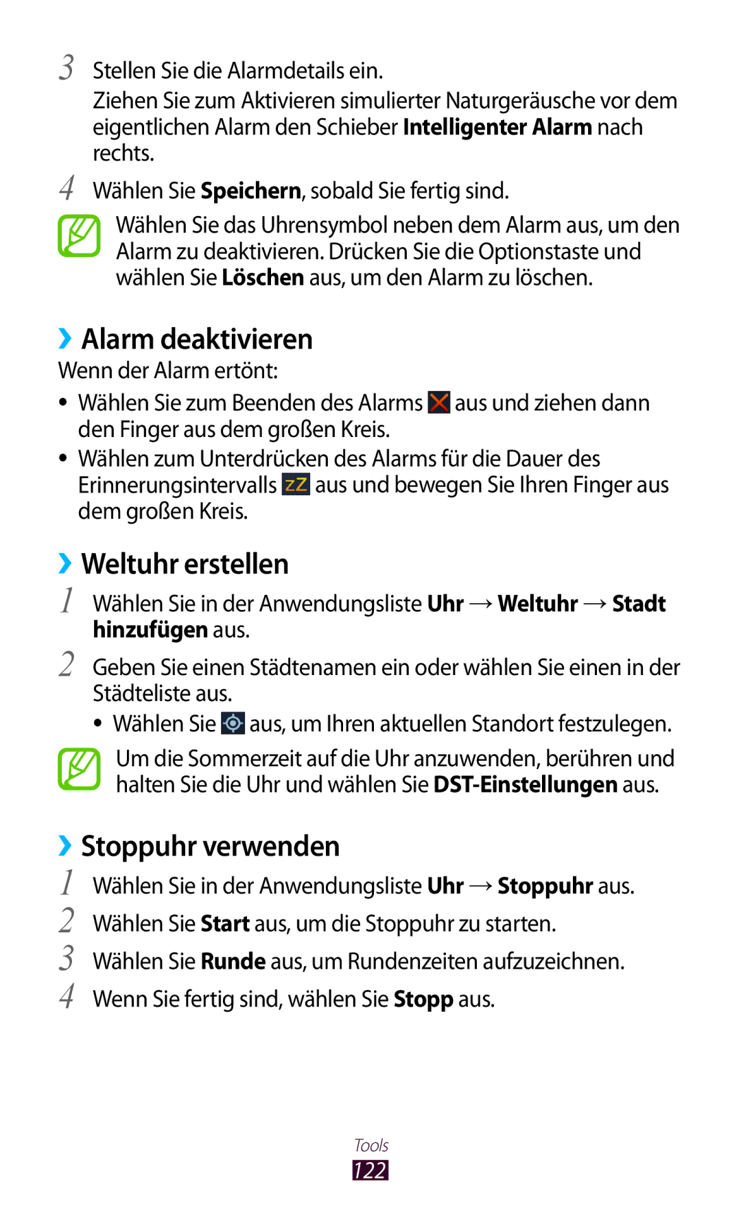 Samsung GT-S7560UWAWIN, GT-S7560ZKAVDR, GT-S7560ZKAPRT ››Alarm deaktivieren, ››Weltuhr erstellen, ››Stoppuhr verwenden, 122 