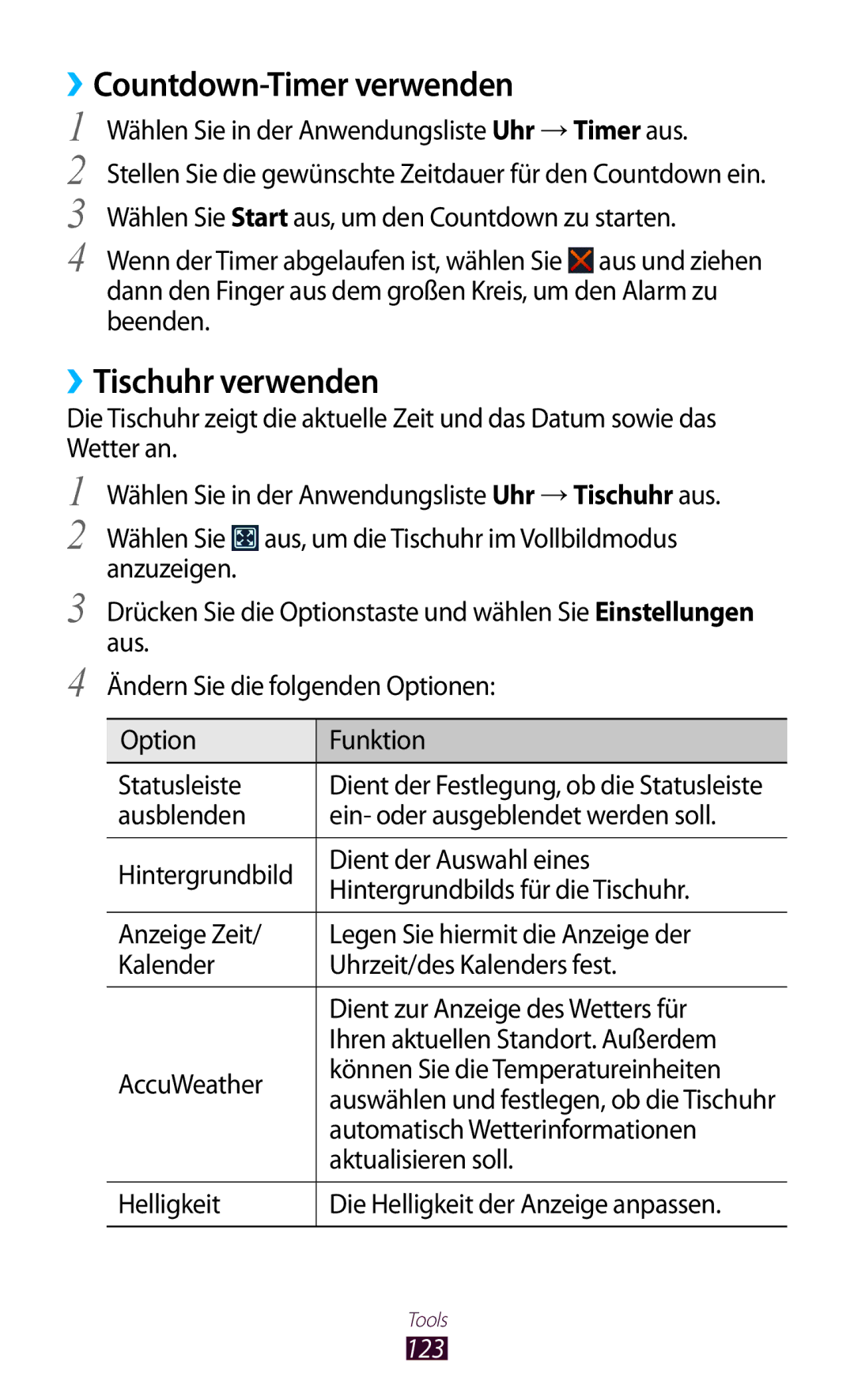 Samsung GT-S7560UWAVDR, GT-S7560ZKAVDR, GT-S7560ZKAPRT manual ››Countdown-Timer verwenden, ››Tischuhr verwenden, 123 