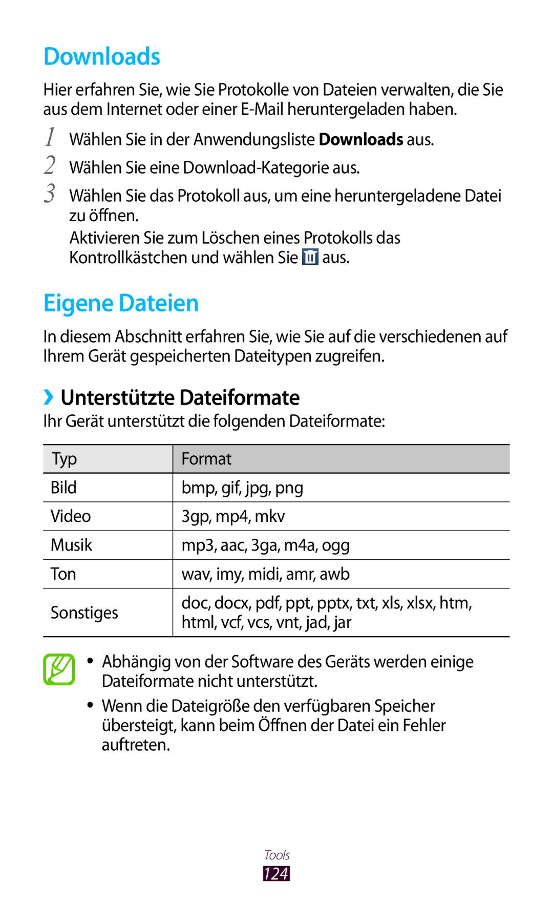 Samsung GT-S7560UWAPRT, GT-S7560ZKAVDR, GT-S7560ZKAPRT manual Downloads, Eigene Dateien, ››Unterstützte Dateiformate, 124 