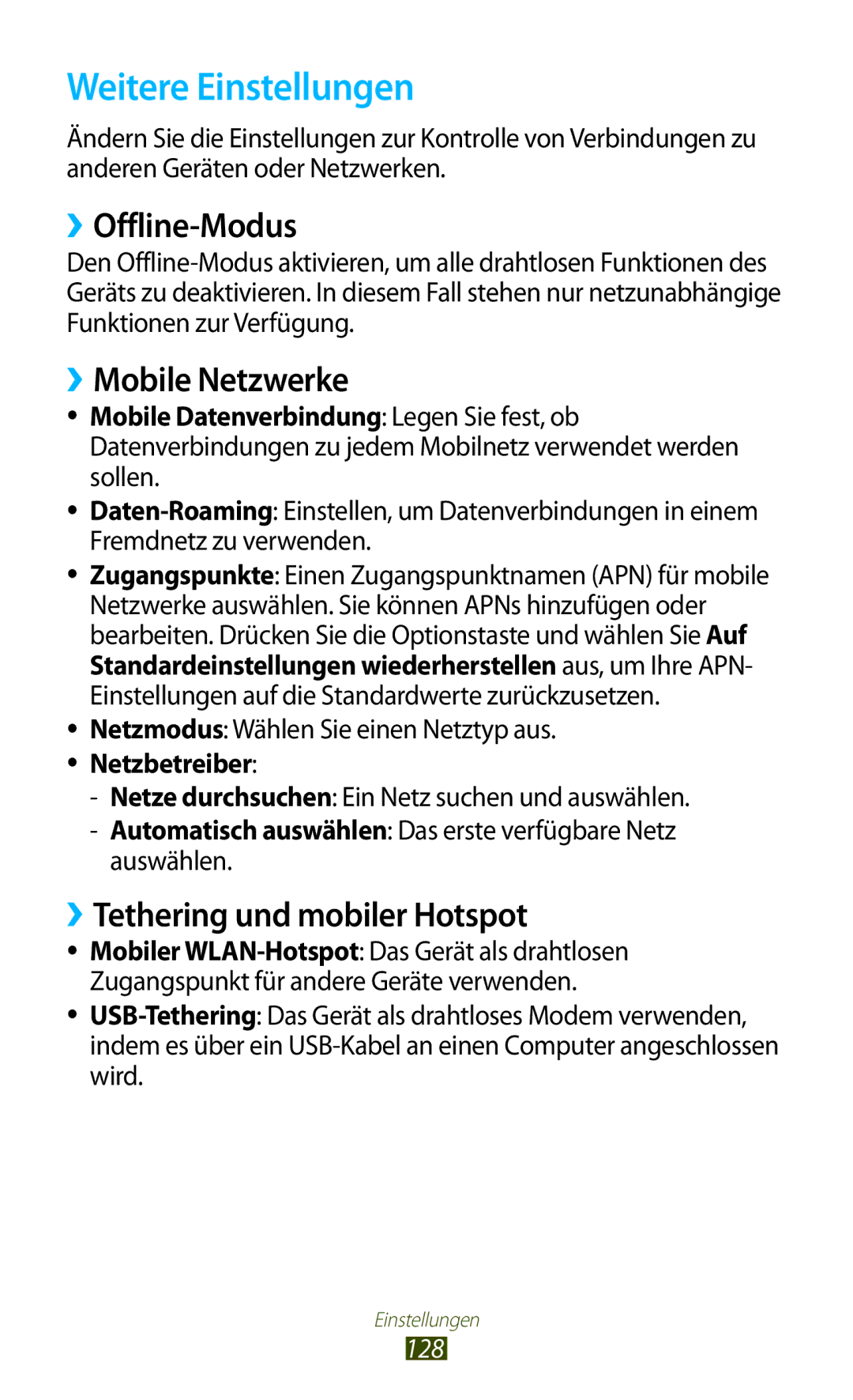 Samsung GT-S7560ZKATPL Weitere Einstellungen, ››Offline-Modus, ››Mobile Netzwerke, ››Tethering und mobiler Hotspot, 128 