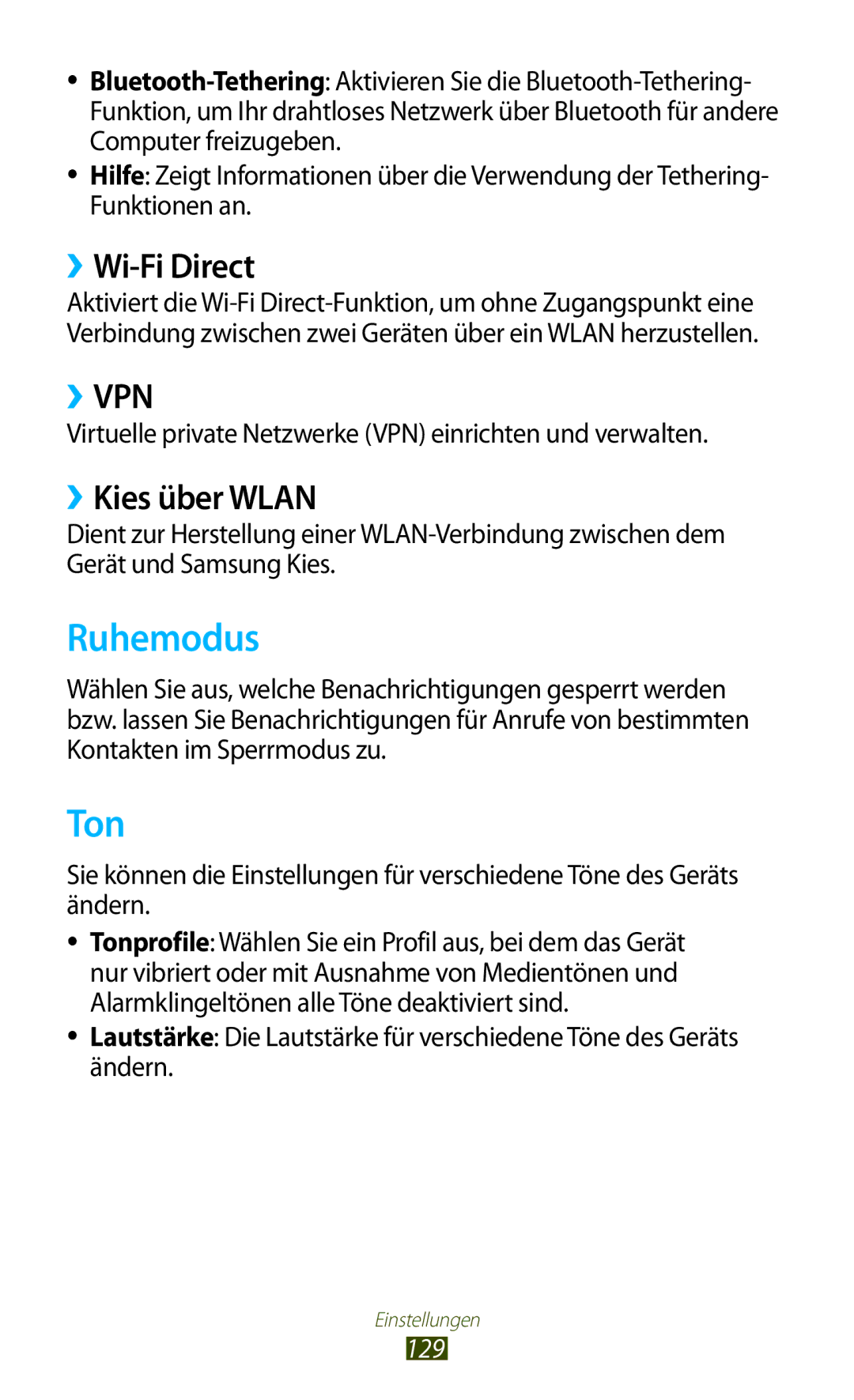 Samsung GT-S7560ZKATCL, GT-S7560ZKAVDR, GT-S7560ZKAPRT, GT-S7560UWAWIN Ruhemodus, Ton, ››Wi-Fi Direct, ››Kies über Wlan, 129 