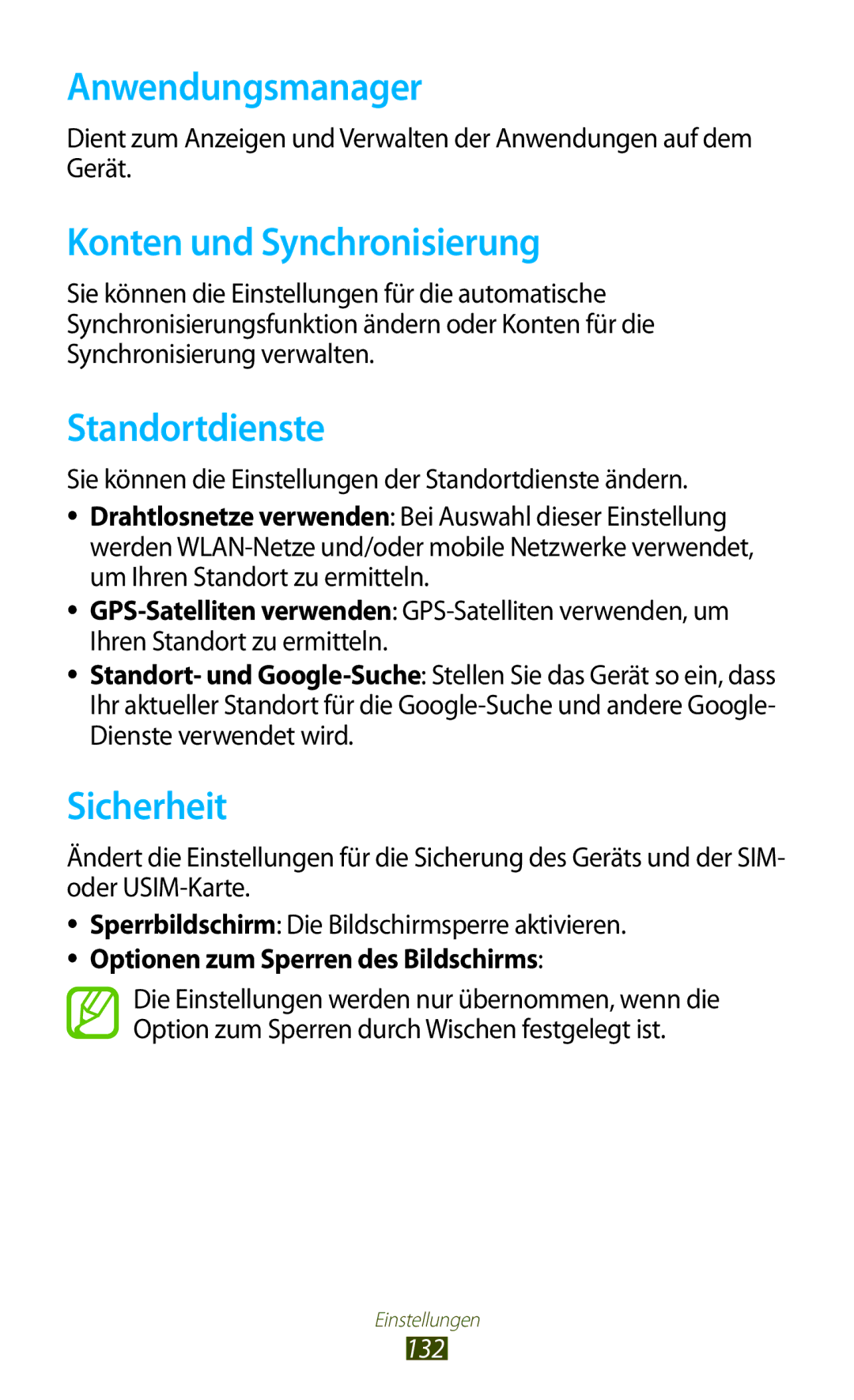 Samsung GT-S7560UWATCL, GT-S7560ZKAVDR Anwendungsmanager, Konten und Synchronisierung, Standortdienste, Sicherheit, 132 