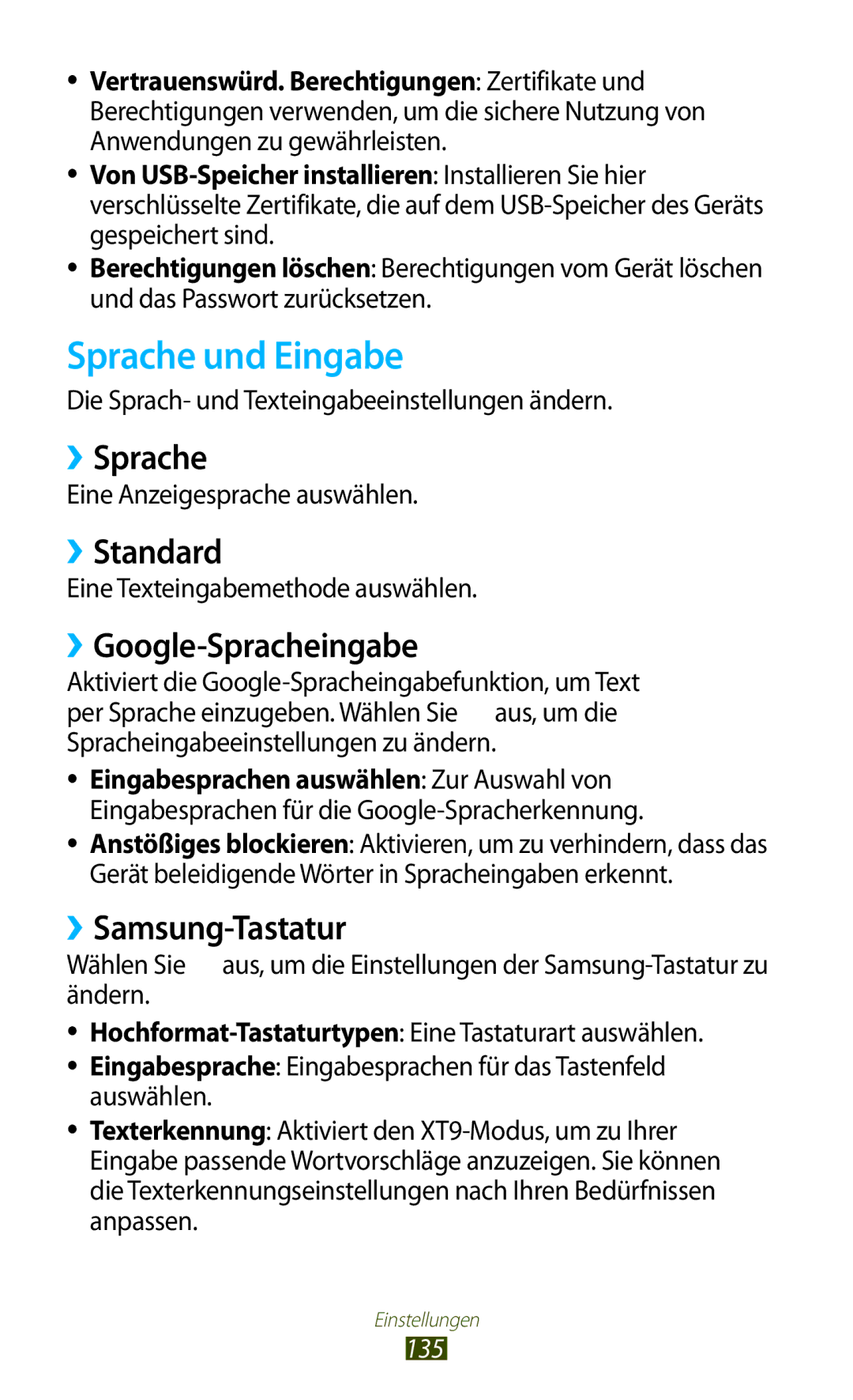 Samsung GT-S7560ZKATUR manual Sprache und Eingabe, ››Sprache, ››Standard, ››Google-Spracheingabe, ››Samsung-Tastatur 