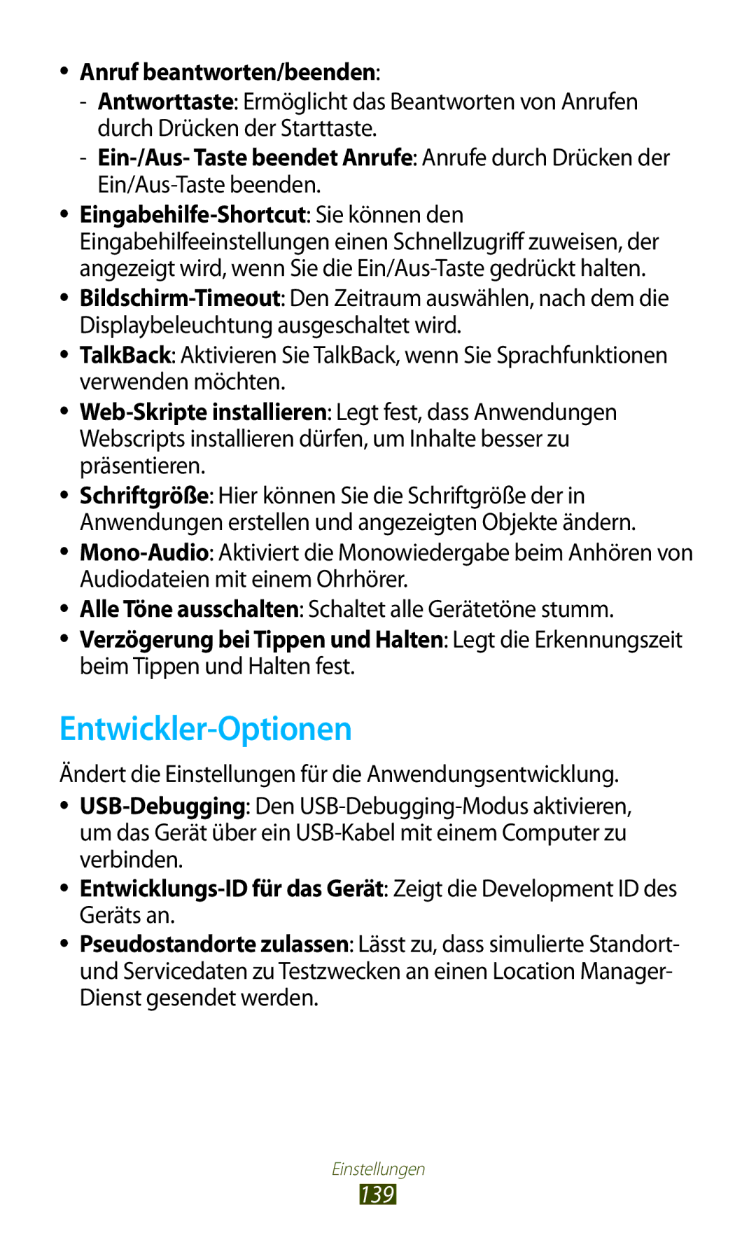 Samsung GT-S7560ZKASFR, GT-S7560ZKAVDR, GT-S7560ZKAPRT, GT-S7560UWAWIN, GT-S7560UWAVDR manual Entwickler-Optionen, 139 