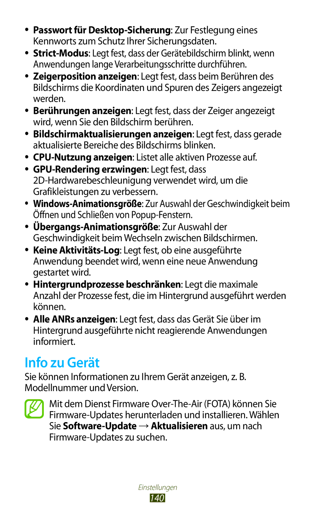 Samsung GT-S7560ZKAVDR, GT-S7560ZKAPRT manual Info zu Gerät, CPU-Nutzung anzeigen Listet alle aktiven Prozesse auf, 140 