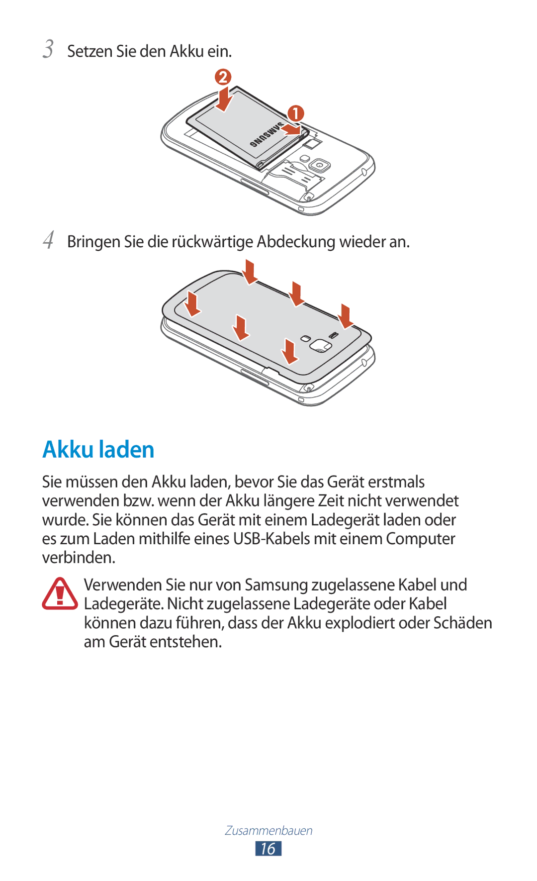 Samsung GT-S7560ZKAPLS, GT-S7560ZKAVDR, GT-S7560ZKAPRT, GT-S7560UWAWIN, GT-S7560UWAVDR, GT-S7560UWAPRT manual Akku laden 