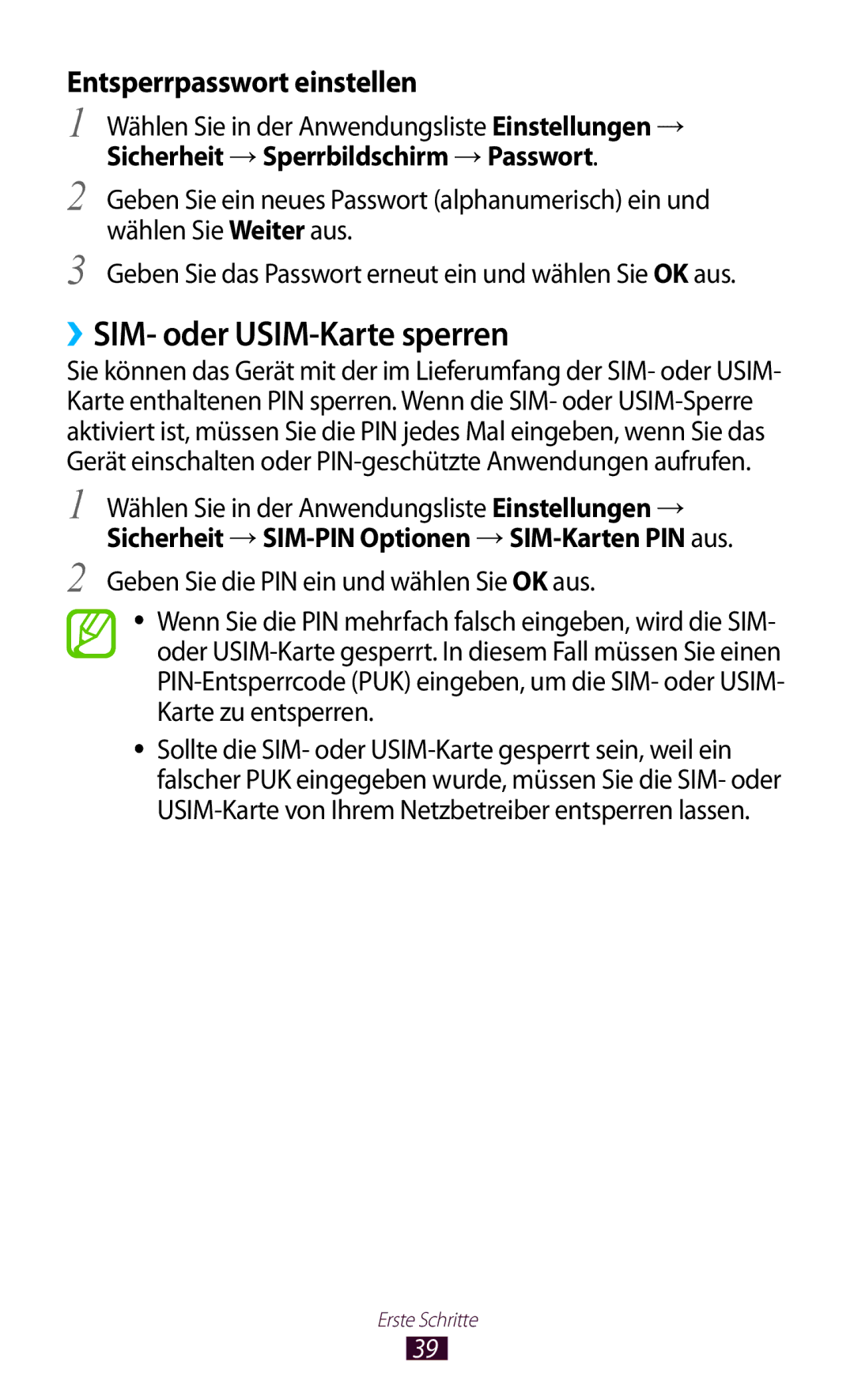 Samsung GT-S7560ZKASFR, GT-S7560ZKAVDR manual ››SIM- oder USIM-Karte sperren, Geben Sie die PIN ein und wählen Sie OK aus 