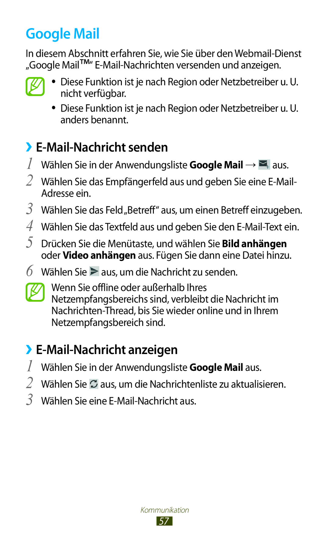 Samsung GT-S7560UWASFR, GT-S7560ZKAVDR, GT-S7560ZKAPRT manual Google Mail, ››E-Mail-Nachricht senden, Mail-Nachricht anzeigen 