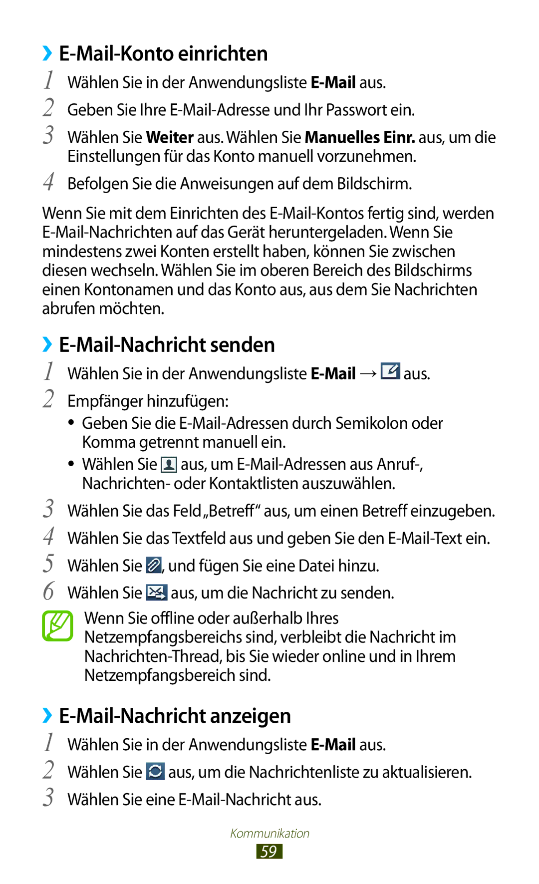 Samsung GT-S7560ZKASFR, GT-S7560ZKAVDR, GT-S7560ZKAPRT manual ››E-Mail-Konto einrichten, ››E-Mail-Nachricht anzeigen 