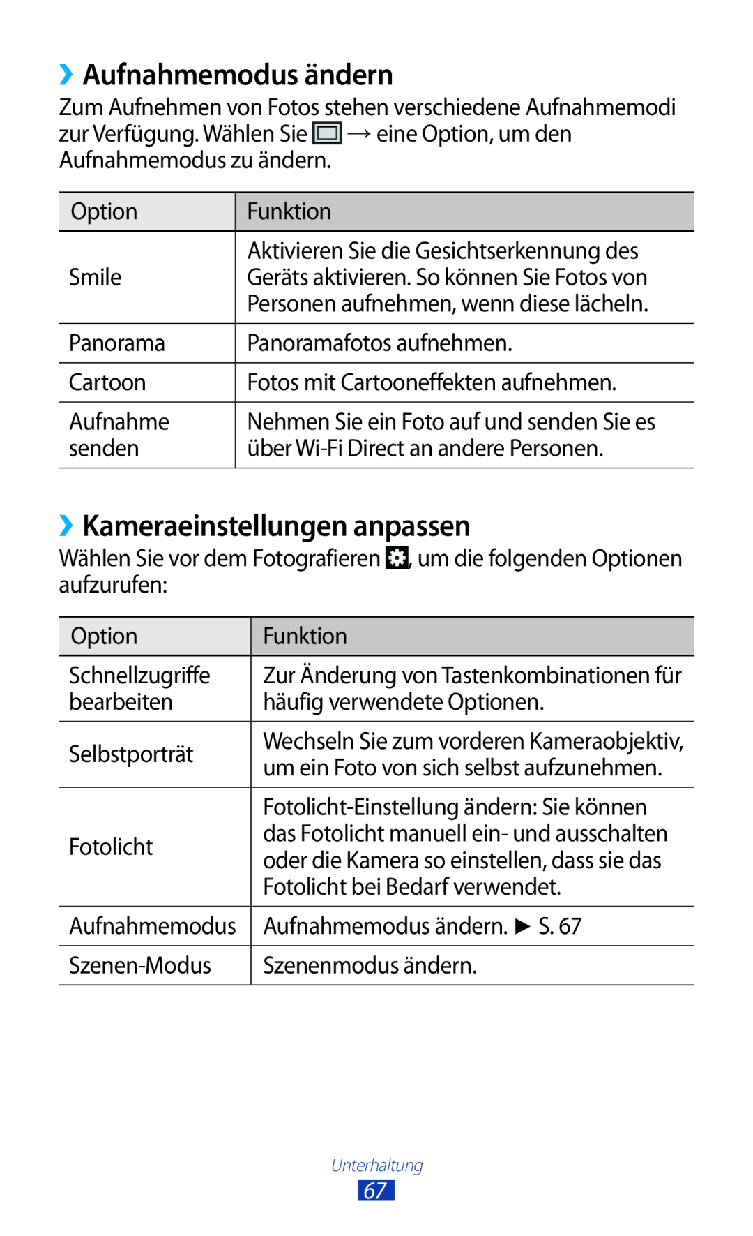 Samsung GT-S7560ZKAXEO, GT-S7560ZKAVDR, GT-S7560ZKAPRT manual ››Aufnahmemodus ändern, ››Kameraeinstellungen anpassen 