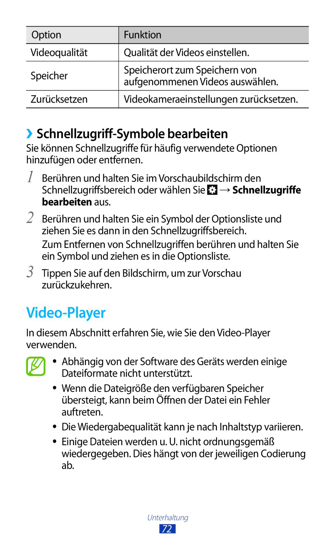 Samsung GT-S7560UWATCL, GT-S7560ZKAVDR, GT-S7560ZKAPRT, GT-S7560UWAWIN Video-Player, ››Schnellzugriff-Symbole bearbeiten 