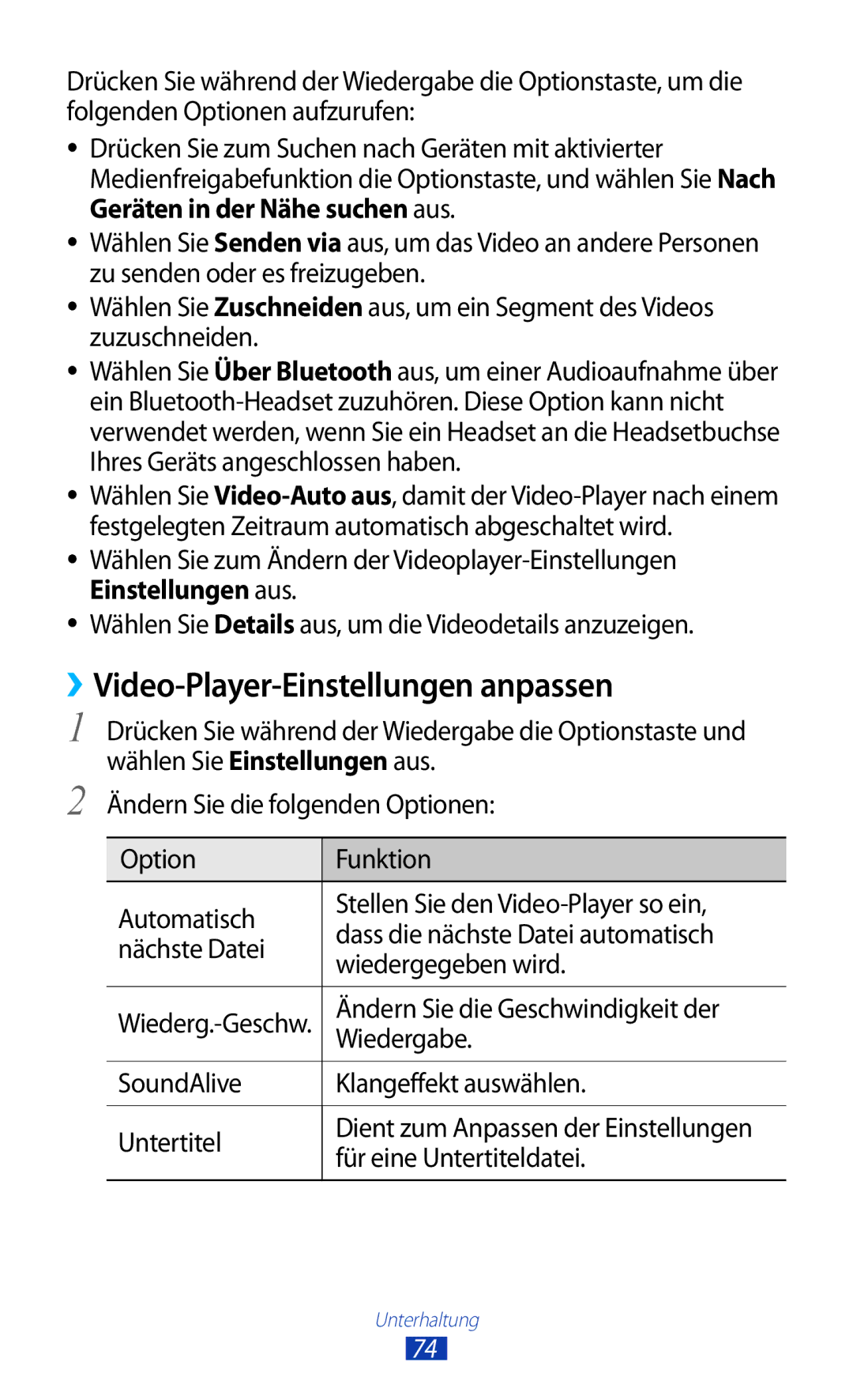 Samsung GT-S7560ZKAWIN manual ››Video-Player-Einstellungen anpassen, Ändern Sie die Geschwindigkeit der, Wiedergabe 