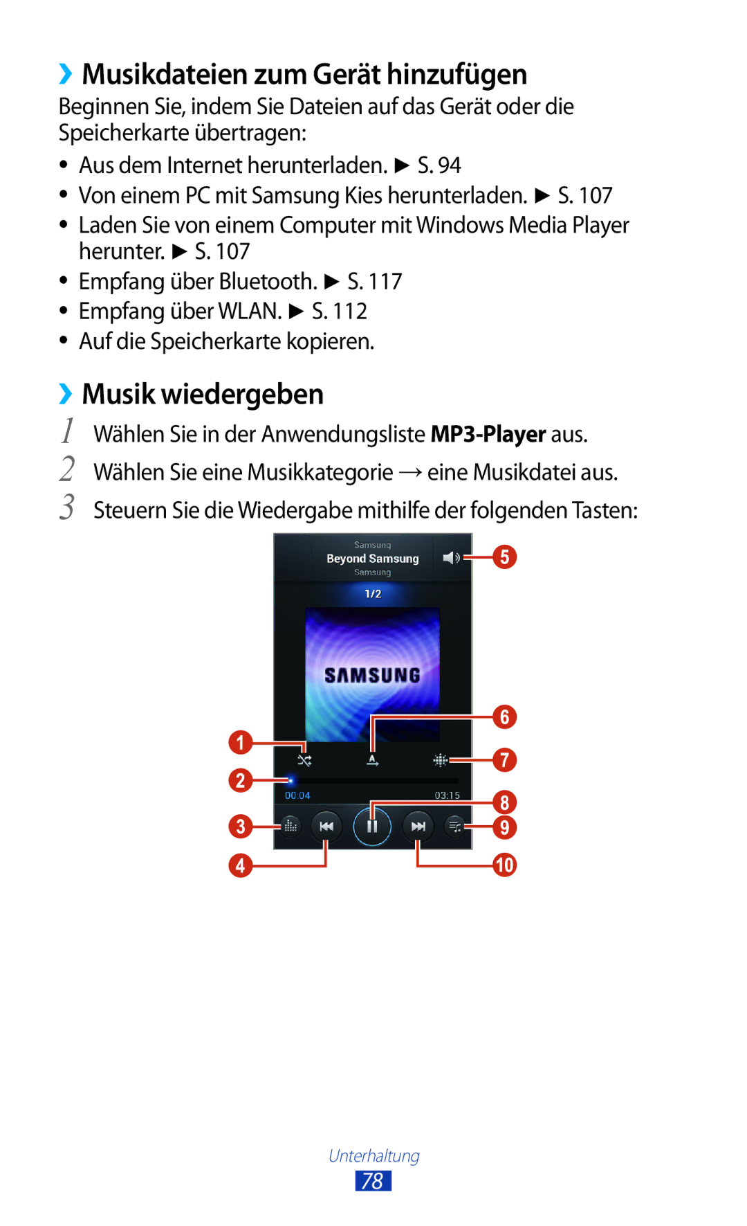 Samsung GT-S7560ZKAXEF, GT-S7560ZKAVDR manual ››Musikdateien zum Gerät hinzufügen, ››Musik wiedergeben, Herunter. S 