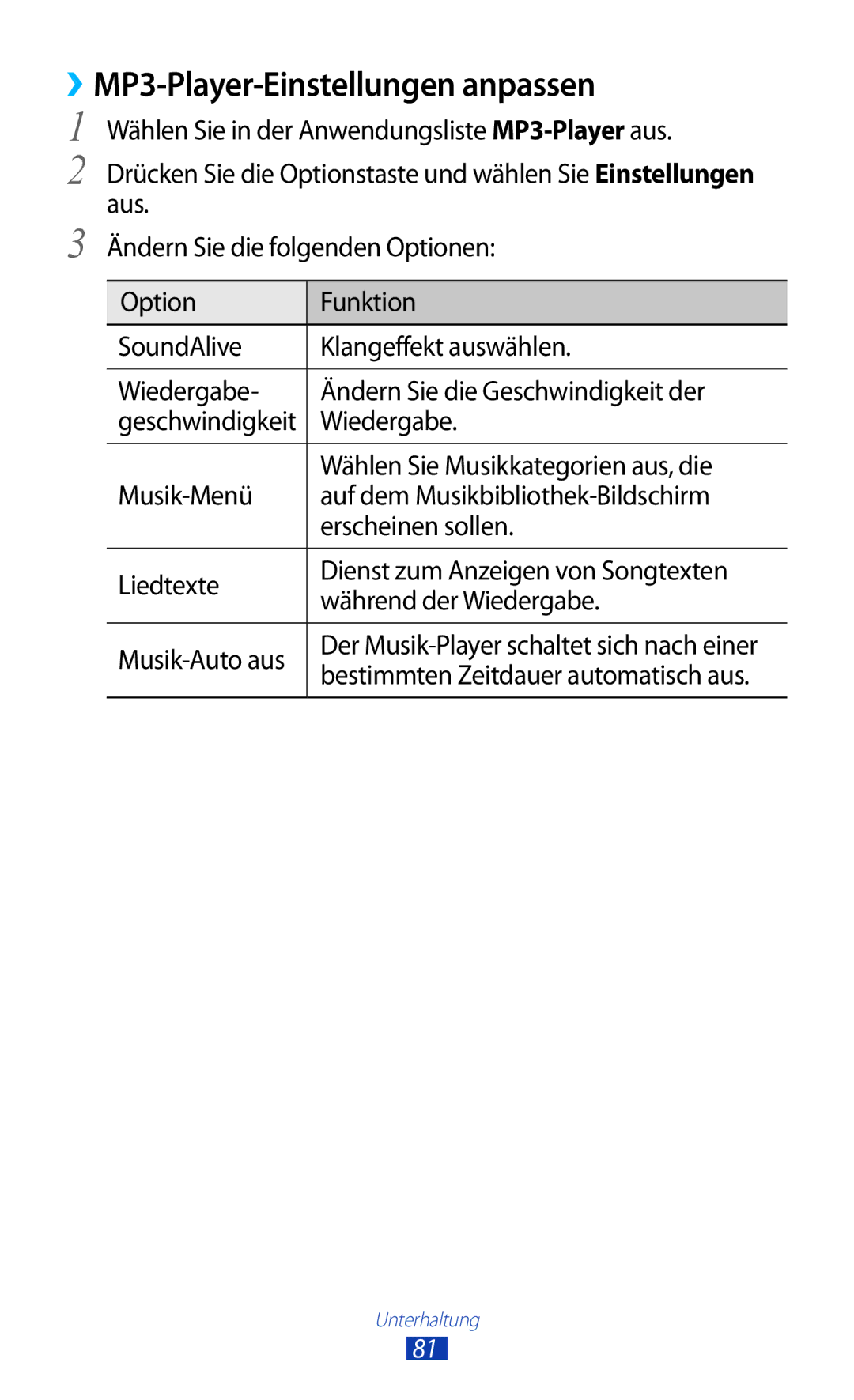 Samsung GT-S7560ZKAPRT, GT-S7560ZKAVDR manual ››MP3-Player-Einstellungen anpassen, Wählen Sie Musikkategorien aus, die 