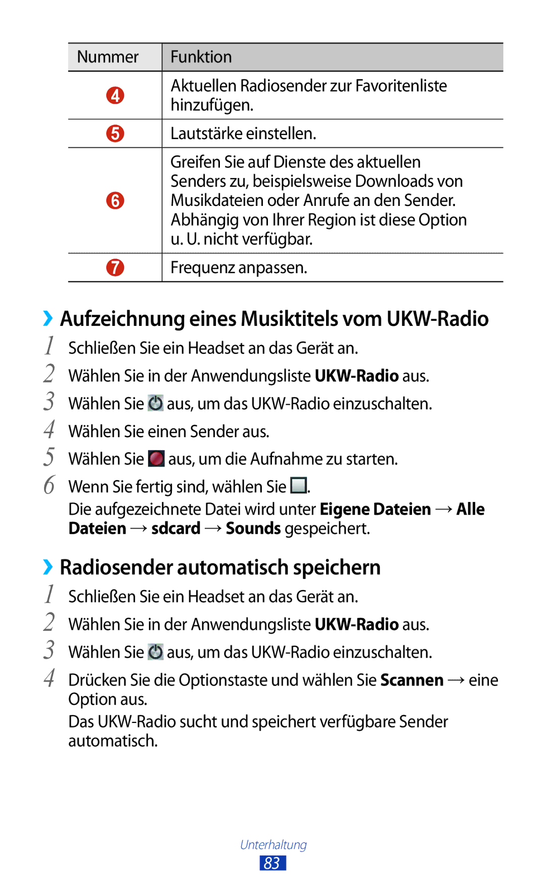 Samsung GT-S7560UWAVDR, GT-S7560ZKAVDR manual ››Radiosender automatisch speichern, Schließen Sie ein Headset an das Gerät an 