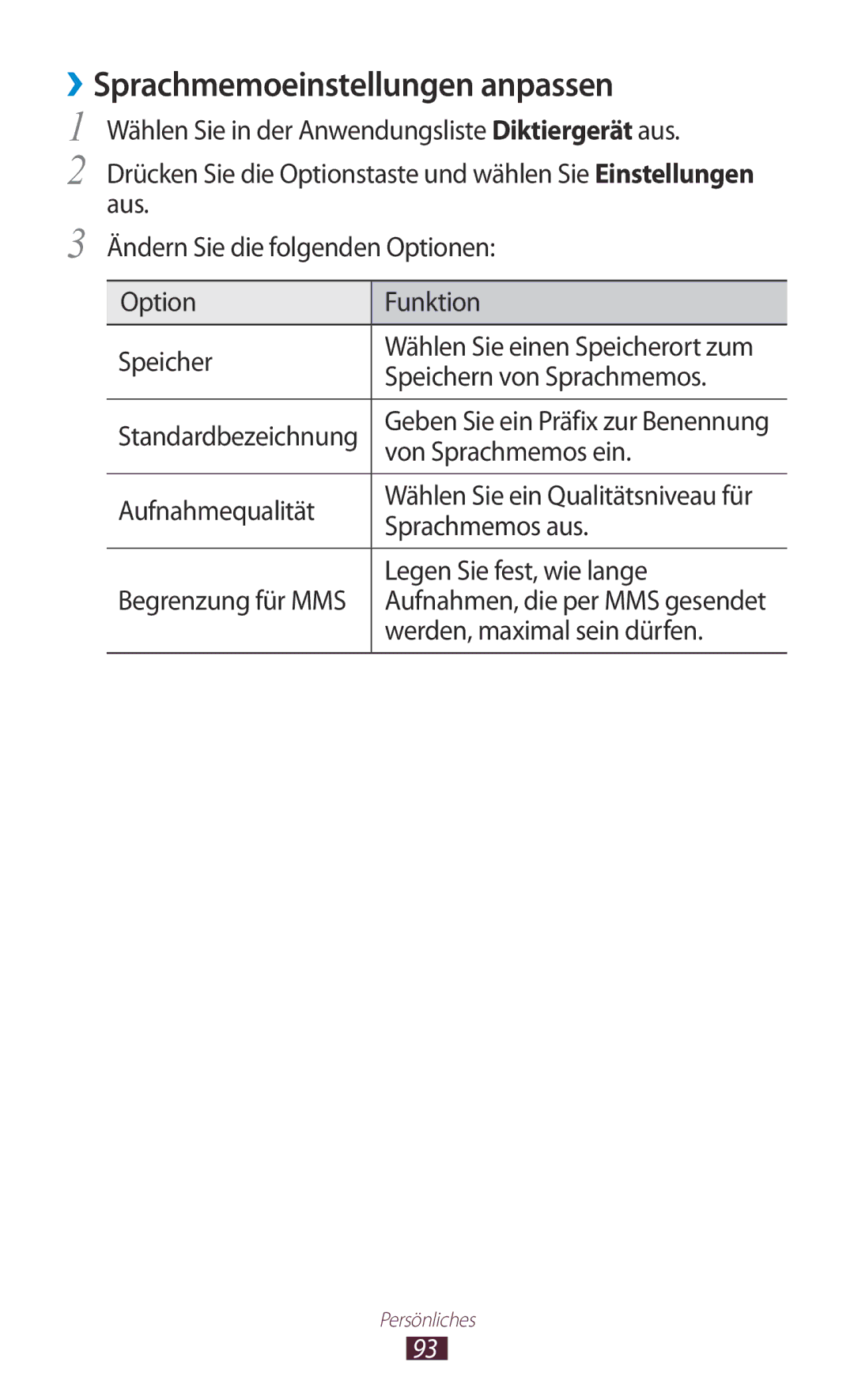 Samsung GT-S7560UWATPL, GT-S7560ZKAVDR, GT-S7560ZKAPRT, GT-S7560UWAWIN, GT-S7560UWAVDR ››Sprachmemoeinstellungen anpassen 