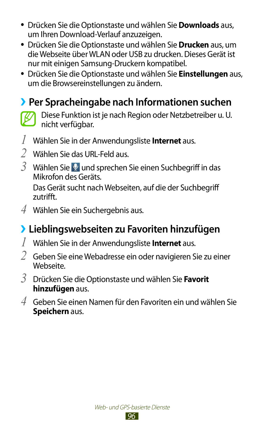 Samsung GT-S7560ZKAPLS manual ››Lieblingswebseiten zu Favoriten hinzufügen, ››Per Spracheingabe nach Informationen suchen 