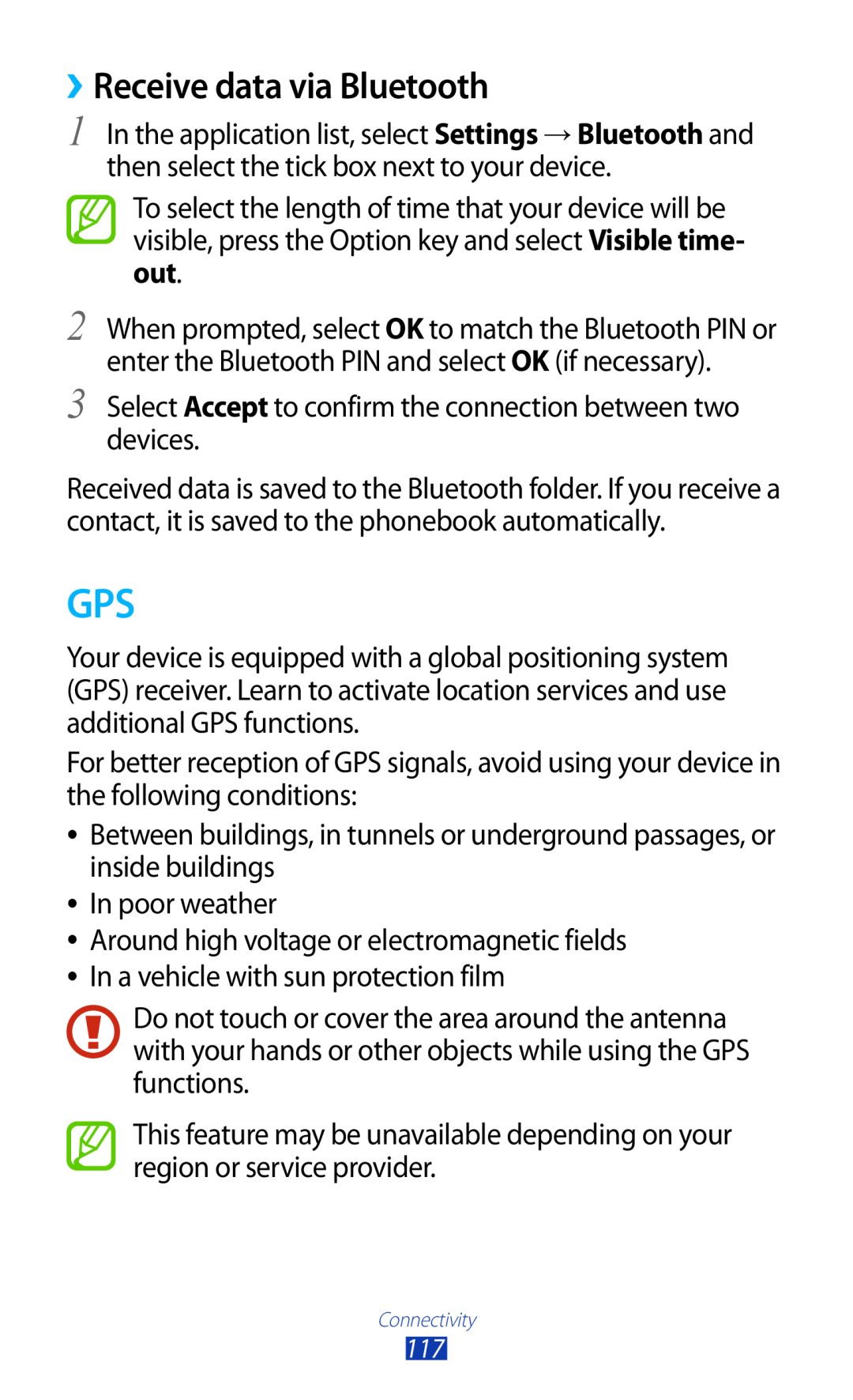 Samsung GT2S7560UWATWO, GT-S7560ZKAVDR, GT-S7560ZKAPRT, GT-S7560UWAWIN, GT-S7560UWAVDR manual ››Receive data via Bluetooth 