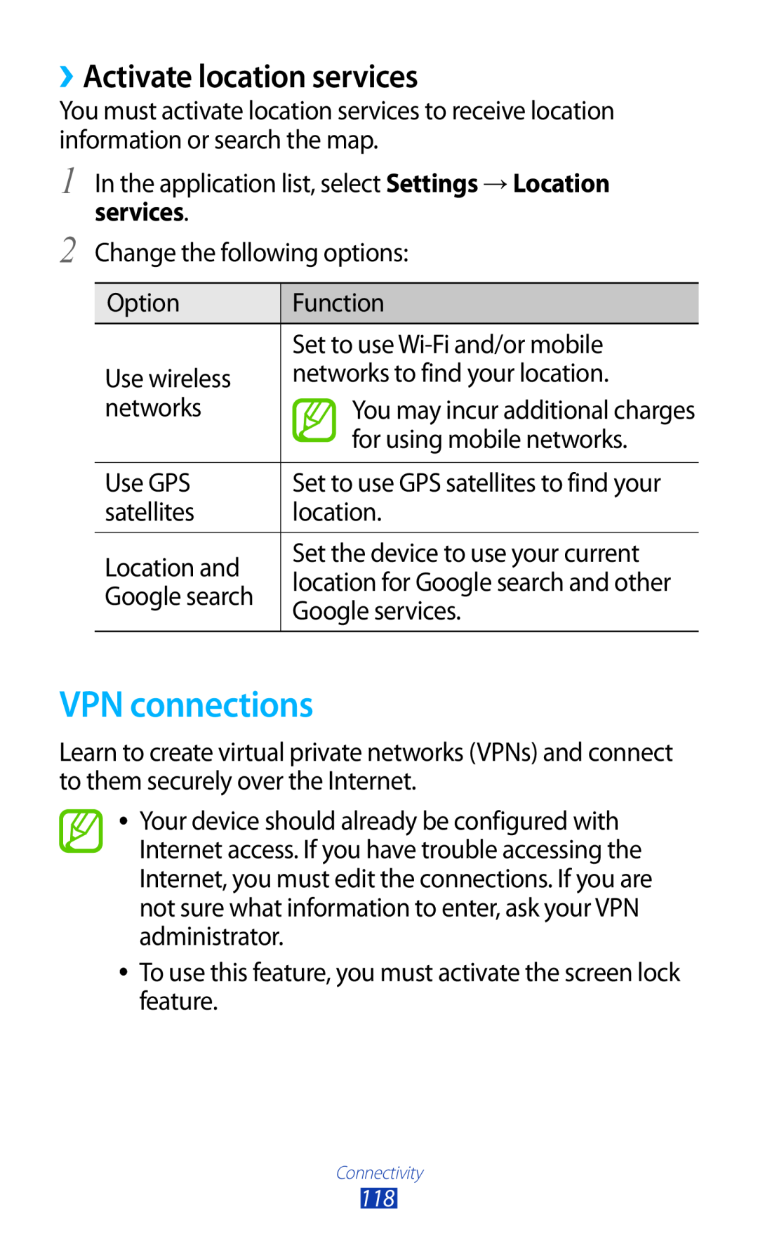 Samsung GT2S7560UWAVDC, GT-S7560ZKAVDR, GT-S7560ZKAPRT, GT-S7560UWAWIN manual VPN connections, ››Activate location services 
