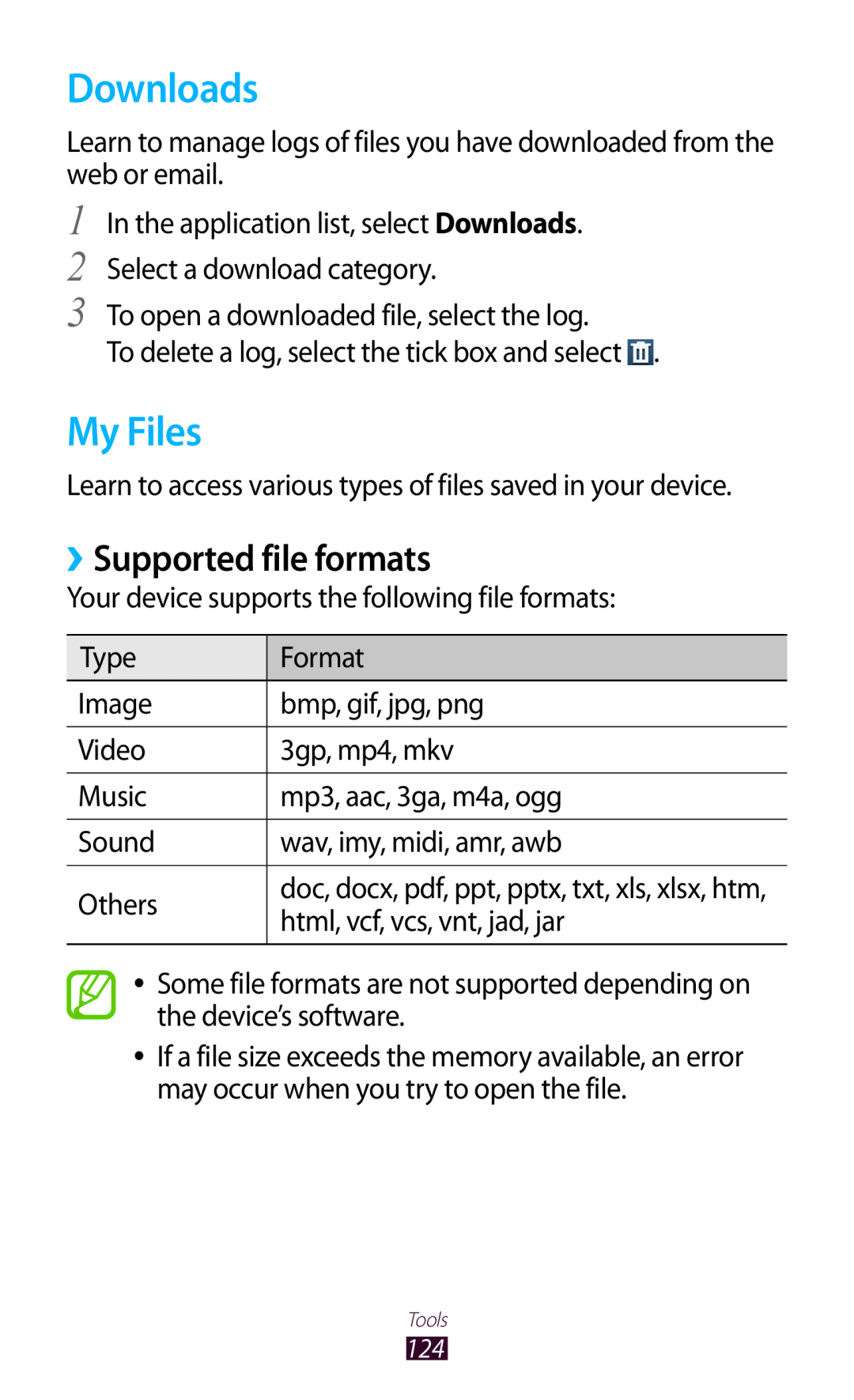 Samsung GT-S7560UWAVDC, GT-S7560ZKAVDR, GT-S7560ZKAPRT, GT-S7560UWAWIN manual Downloads, My Files, ››Supported file formats 