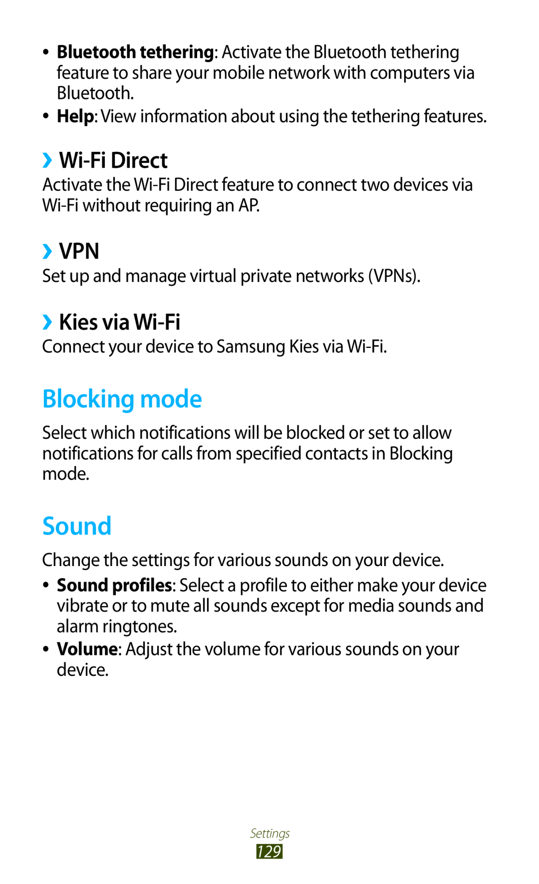 Samsung GT-S7560ZKAORX, GT-S7560ZKAVDR, GT-S7560ZKAPRT manual Blocking mode, Sound, ››Wi-Fi Direct, ››Vpn, ››Kies via Wi-Fi 