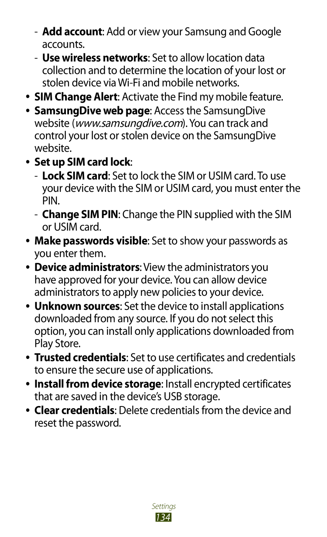 Samsung GT-S7560ZKAVDH manual Set up SIM card lock, Make passwords visible Set to show your passwords as you enter them 