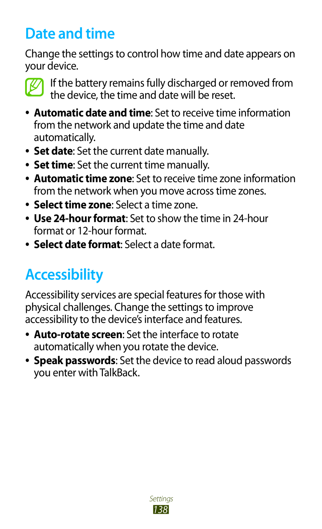 Samsung GT-S7560UWAVDH, GT-S7560ZKAVDR, GT-S7560ZKAPRT, GT-S7560UWAWIN, GT-S7560UWAVDR manual Date and time, Accessibility 