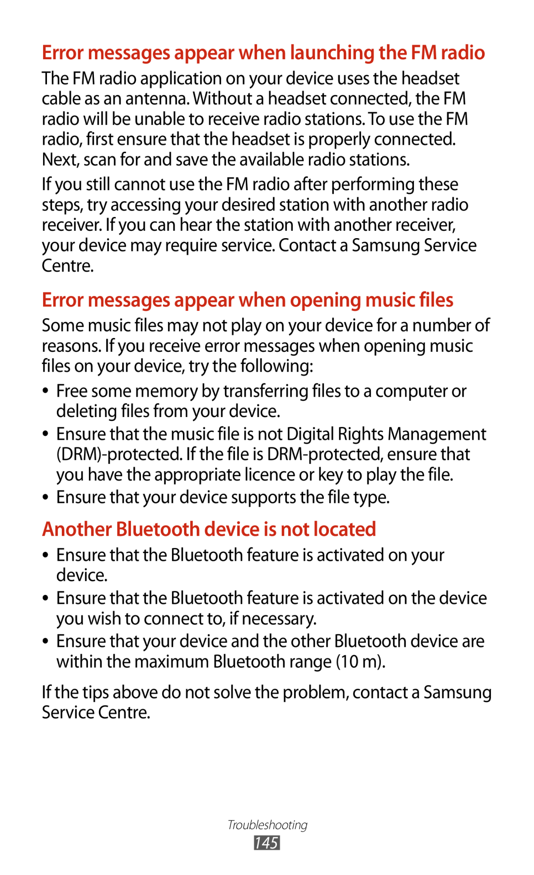 Samsung GT-S7560ZKADBT manual Another Bluetooth device is not located, Error messages appear when opening music files 