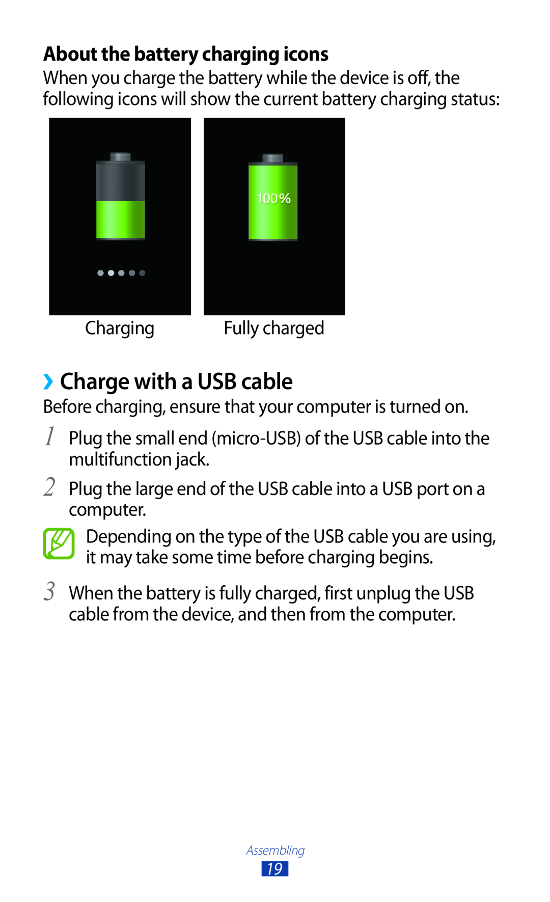 Samsung GT-S7560ZKAFTM, GT-S7560ZKAVDR, GT-S7560ZKAPRT manual ››Charge with a USB cable, About the battery charging icons 