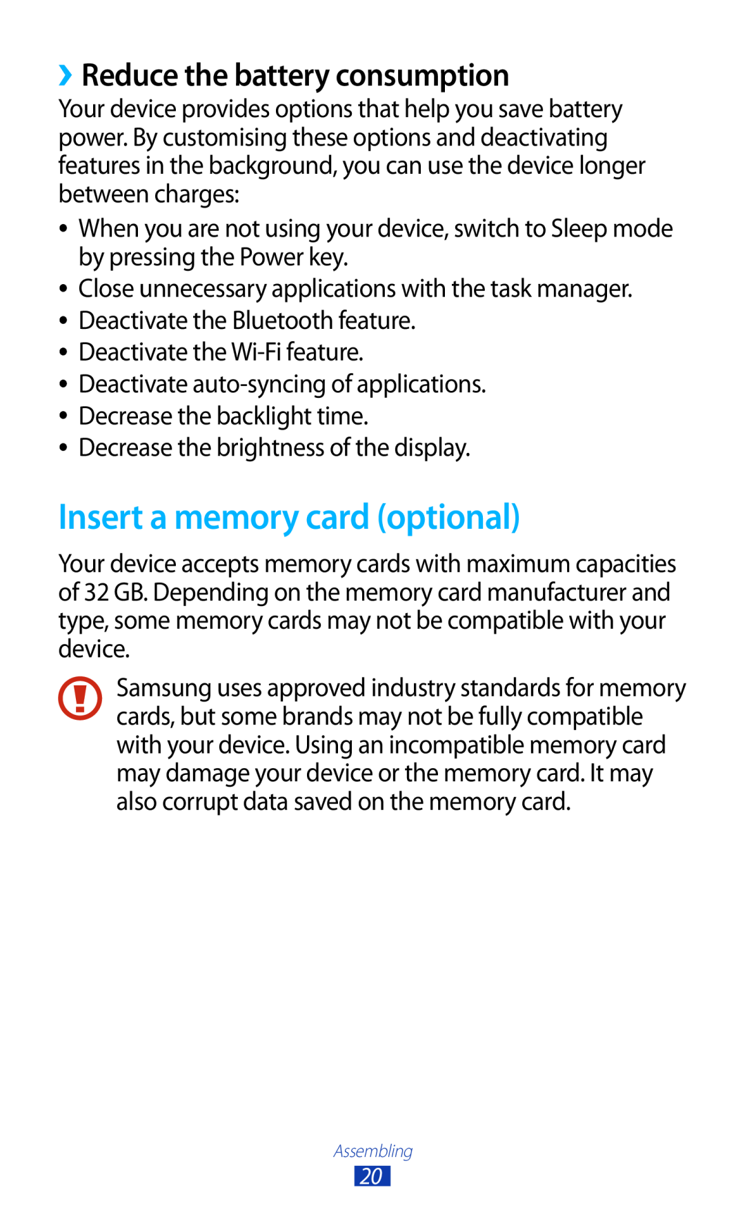 Samsung GT-S7560UWAXEF, GT-S7560ZKAVDR, GT-S7560ZKAPRT manual Insert a memory card optional, ››Reduce the battery consumption 