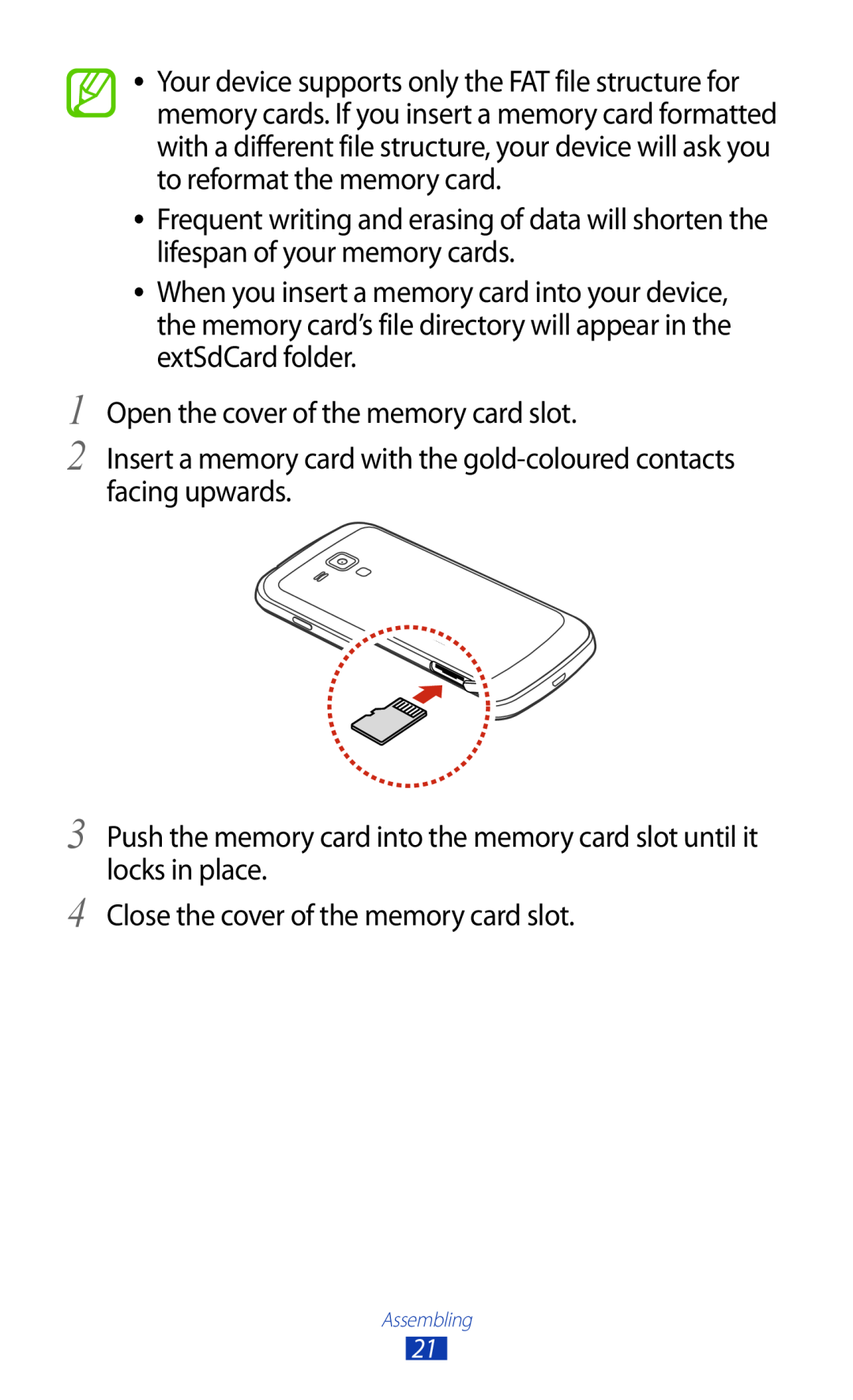 Samsung GT-S7560UWAFTM, GT-S7560ZKAVDR, GT-S7560ZKAPRT, GT-S7560UWAWIN, GT-S7560UWAVDR Open the cover of the memory card slot 