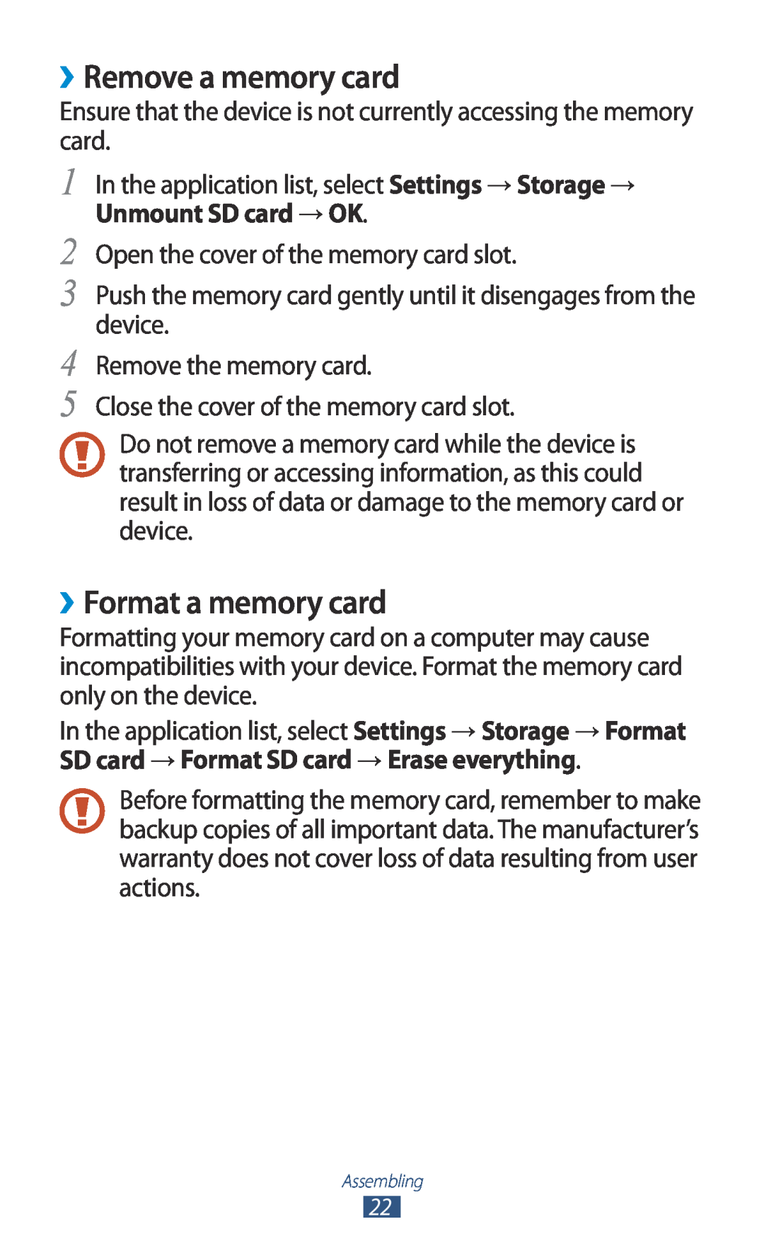 Samsung GT-S7560ZKABOG, GT-S7560ZKAVDR, GT-S7560ZKAPRT ››Remove a memory card, ››Format a memory card, Unmount SD card → OK 