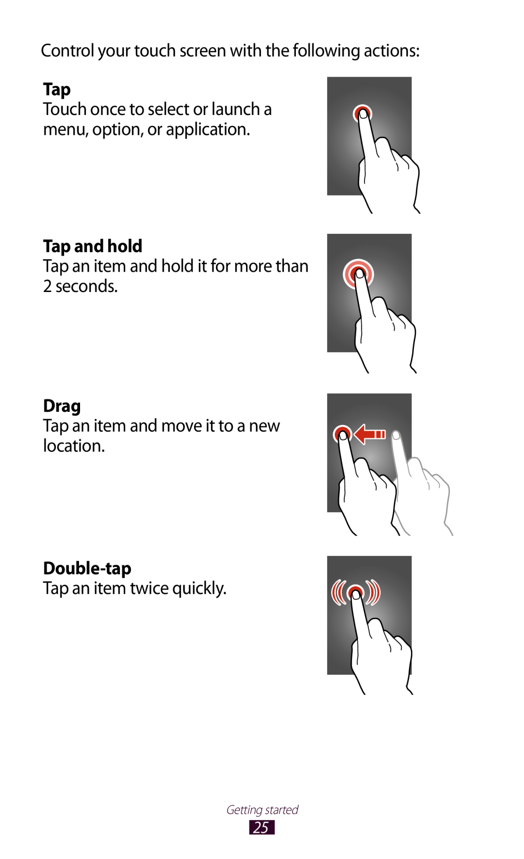 Samsung GT-S7560UWATIM manual Control your touch screen with the following actions, Tap and hold, Drag, Double-tap 