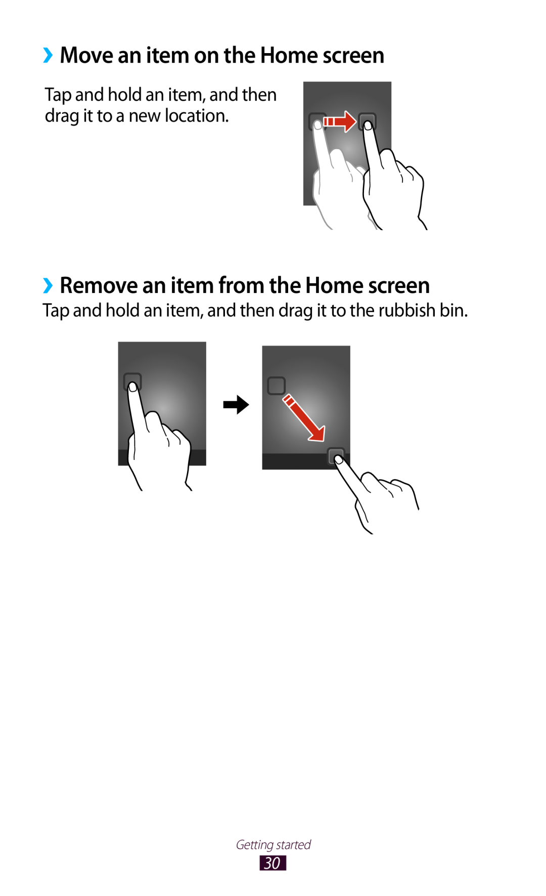 Samsung GT-S7560ZKAXEC manual ››Move an item on the Home screen, ››Remove an item from the Home screen, Getting started 