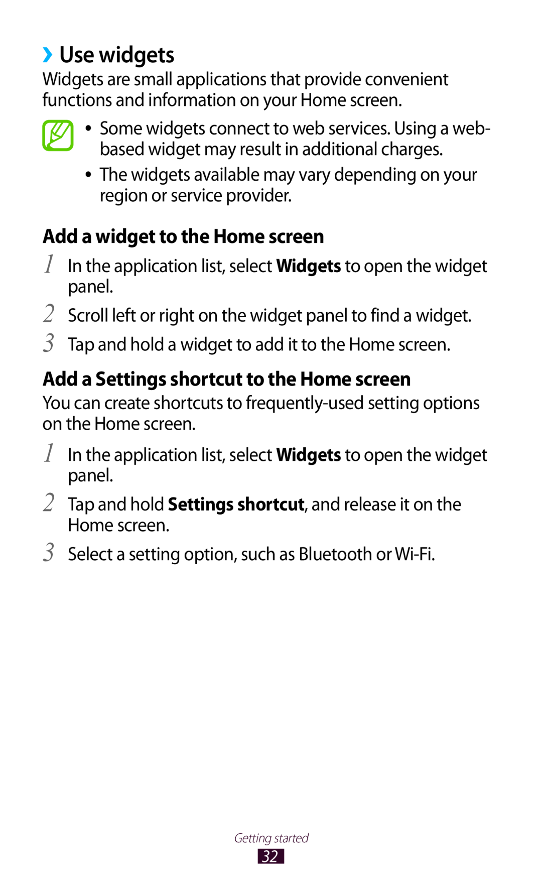 Samsung GT-S7560UWAXEC manual ››Use widgets, Add a widget to the Home screen, Add a Settings shortcut to the Home screen 